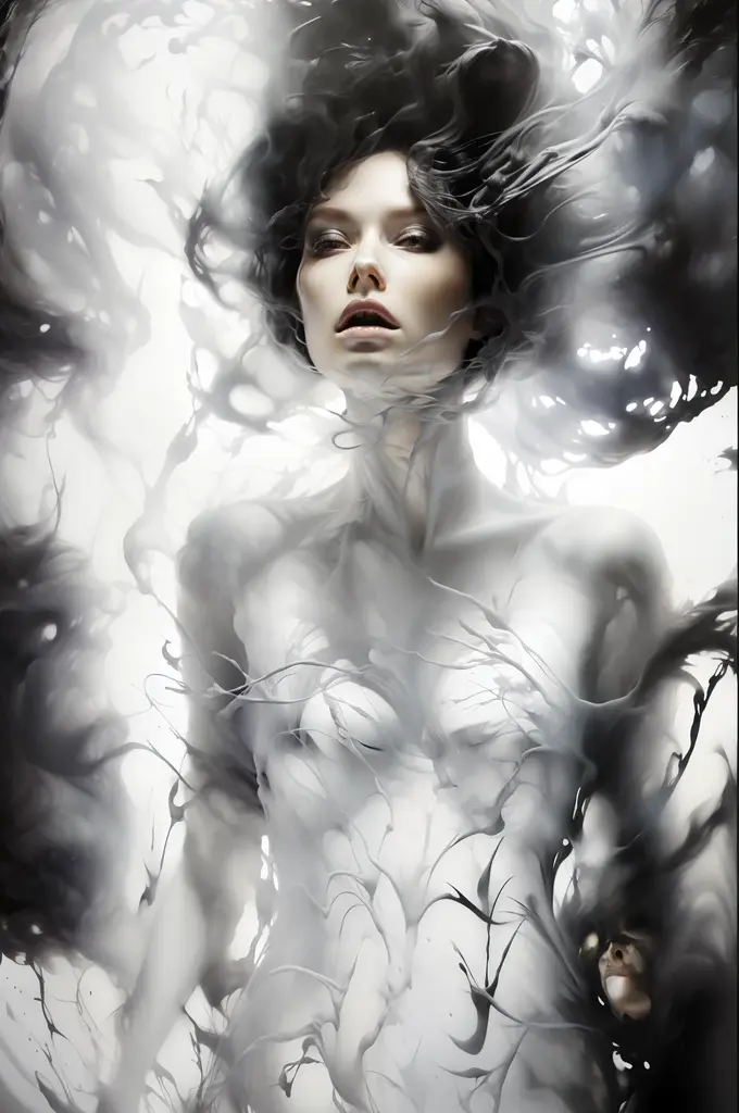 A bird's eye view of a woman lying in a viscous , with her body curves subtly emerging from the surface, creating a serene yet eerie atmosphere, soft light emphasizing the smooth contours, in a dimly lit indoor environment, shot with a Fujifilm GFX 100S, 28mm lens, monochrome palette with soft highlights