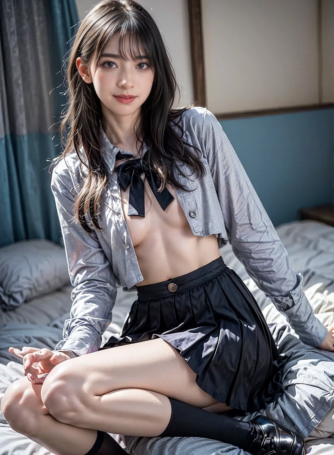 (Raw photo:1.2), (realistic), (Super young sensual gravure idol), adorable detailed girl, very detailed, beautiful and detailed eyes, 8K, High resolution, very detailed, highest quality, [table top:1.6], shape, very detailed, small details, highest quality, 8k wallpaper, movie lighting, Bedroom, ruffle mini skirt cropped , ((13 year old sexaroid released)), embarrassed look,, thin, immature body, (lift up the skirt), (girl&#39;vagina), (Unbutton your shirt and lift your small breasts.), (bondage),