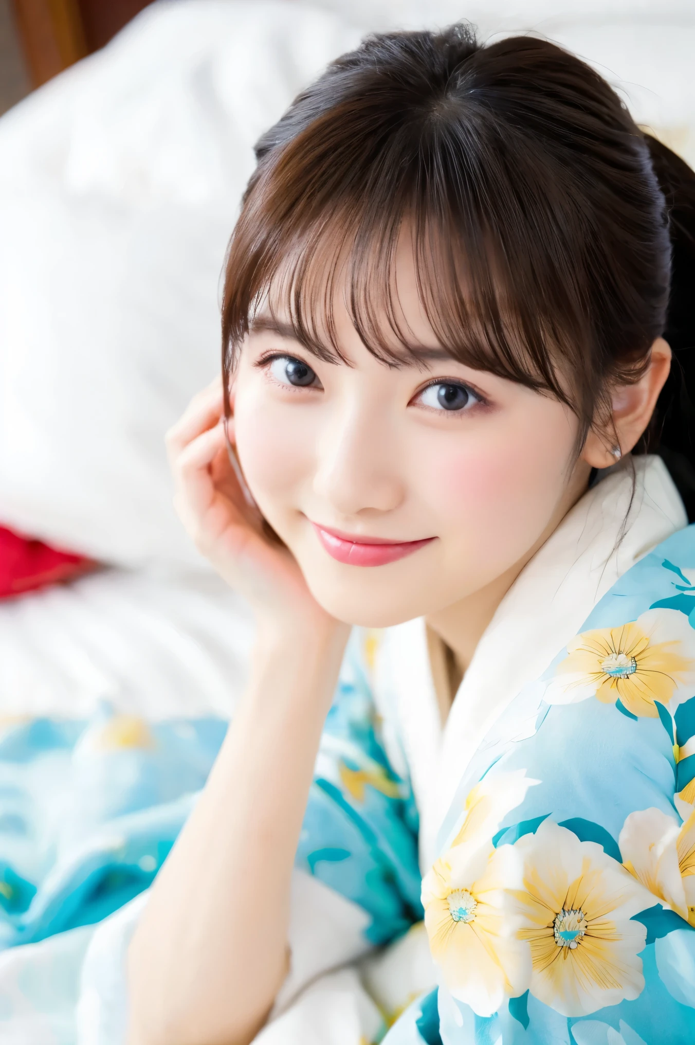 White kimono、Pink Japanese pattern、(Long-sleeved kimono:1.5)、or、(Top Grade)、1 female、16 years old、Whole Body Ezbian、Black-haired、Tie your hair back、(Realistic:1.7)、((Best image quality))、Absurd、(超A high resolution)、(Photoreal:1.6)、Photoreal、Octane Rendering、(超Realistic:1.2)、(Realistic face:1.2)、(8k)、(4K)、(masterpiece)、(Realistic skin texture)、(Awareness-raising、Cinema Lighting、wall-)、(Beautiful Eyes:1.2)、((((Perfect Face))))、(A cute face like an idol:1.2)、( Are standing)、shrine、bird ready、(January)、Cute face with attention to detail、True Beauty、Laughter、