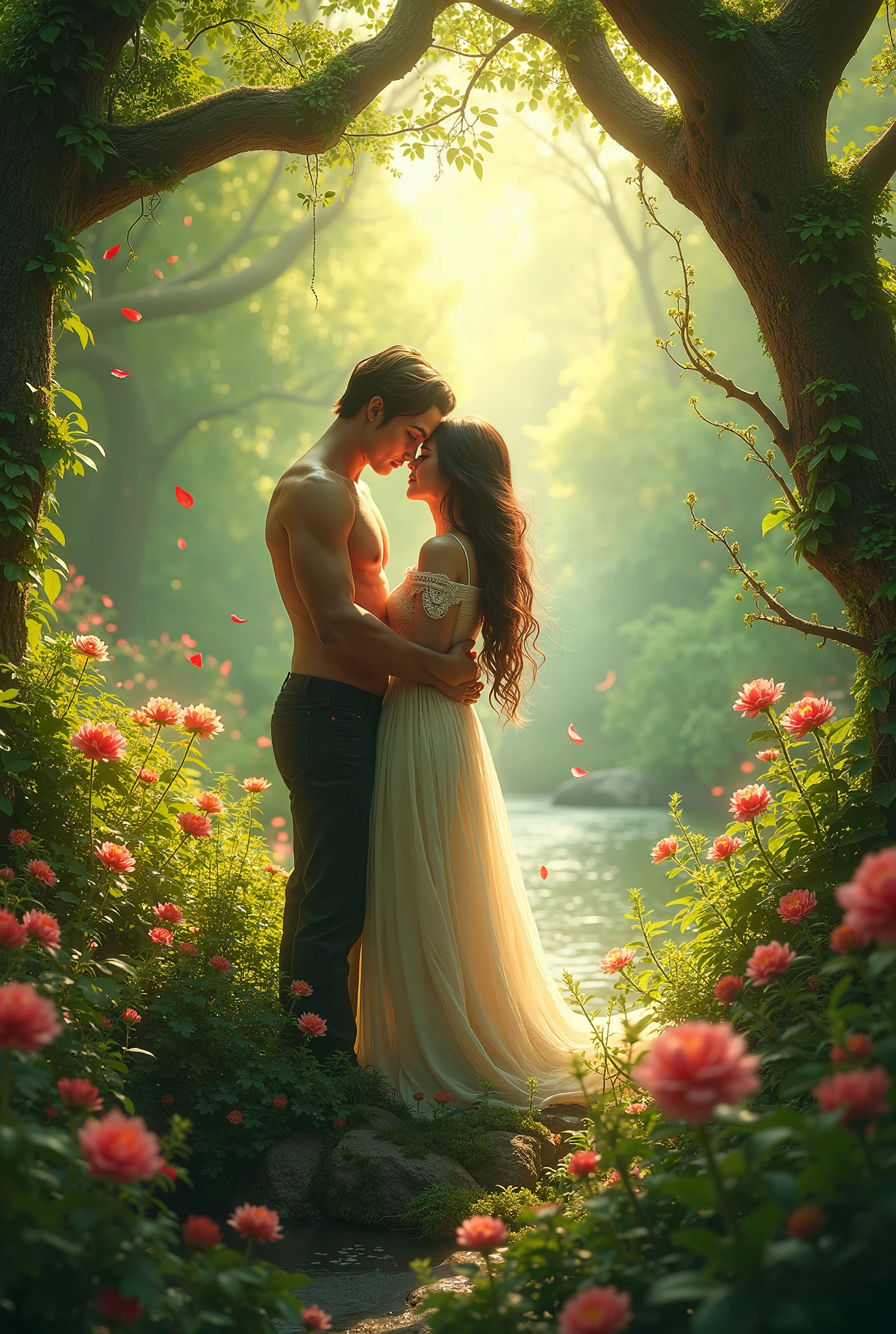 There is a man and woman standing in a garden together - SeaArt AI
