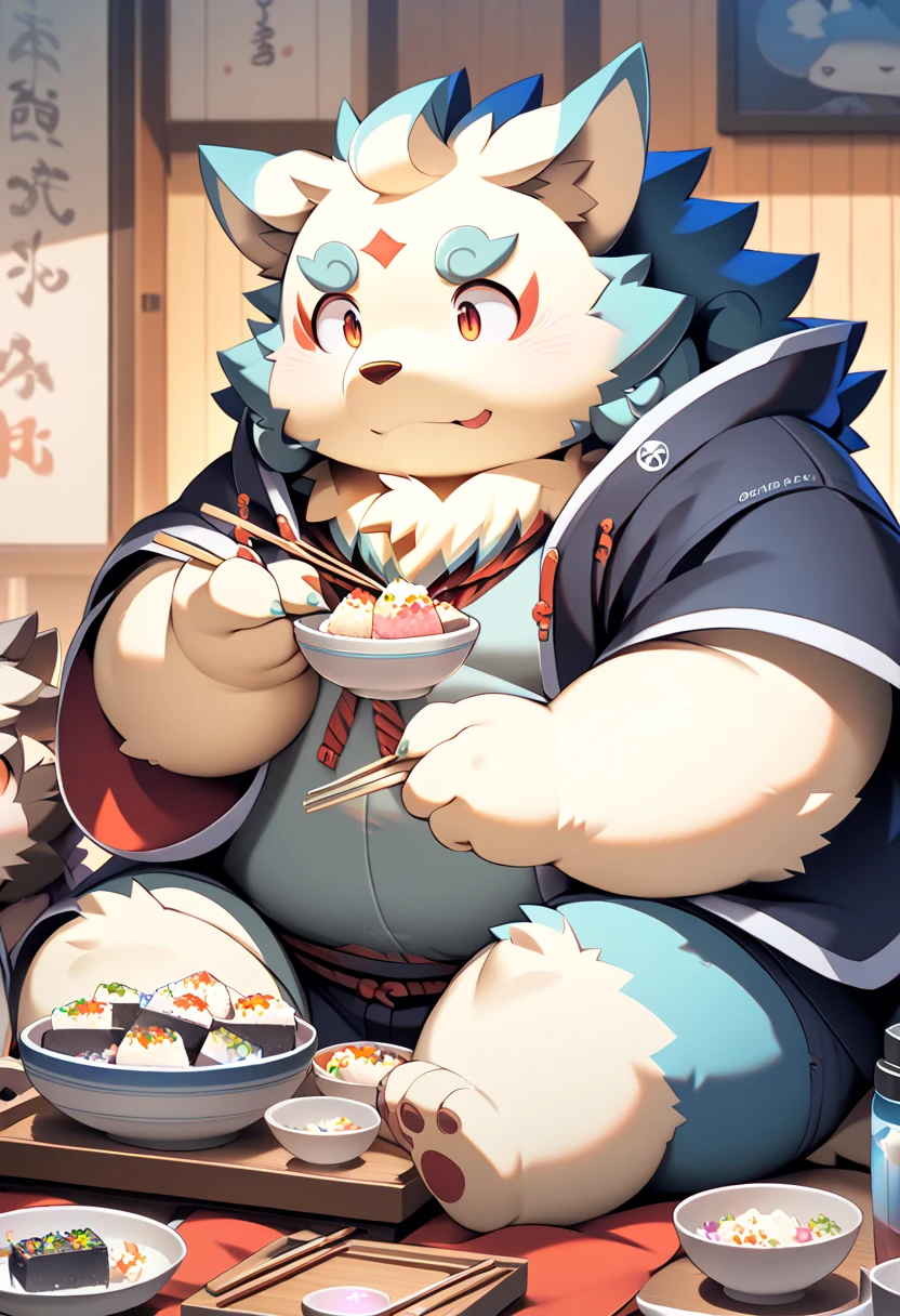 ((masterpiece)),((  High Quality )),furry , kemono , Being overweight、  kemono art  ,  kemono art  ,  boy,  anime style  , 、 colorful 、, It&#39;s cute,  kemono art  , Sit down、(Eating mochi with chopsticks、Herring soba )(Eat rice cakes)