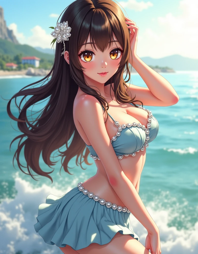 (best quality:1.1) ,(photorealistic:1.1), (photography:1.1), (highly detailed:1.1), looking at viewer,armlet, Jade bracelet, eyelashes, happy, medium breasts,beautiful detailed girl, (extremely detailed eyes and face), (lighting on face),necklace,Colorful clothes, [chinese clothes],[off shoulder], (solo:1.2), sandbeach,sand,Standing by the seaside, summer, (beautiful detailed sky),seethru,nsfw