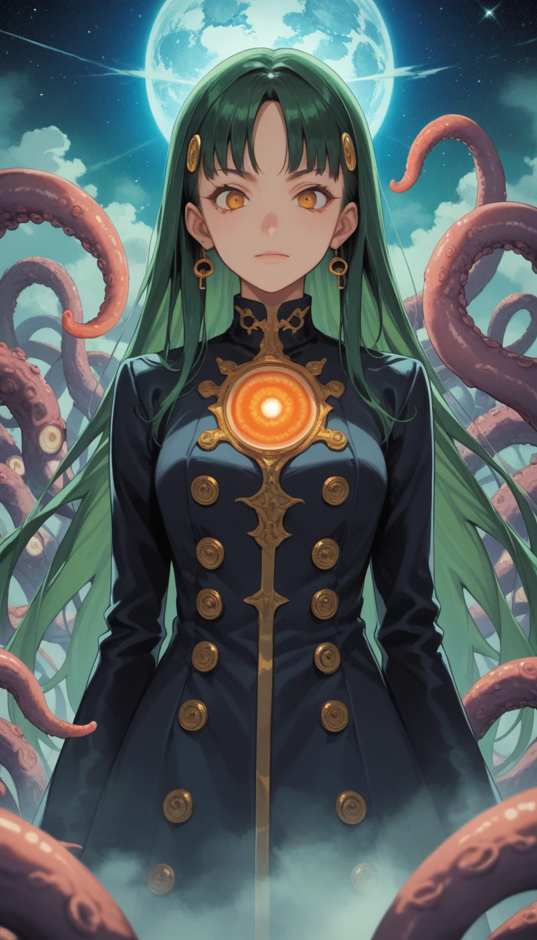 1 girl, anime girl, very long green hair, orange eyes, blazing eyes, tentacles, orbs, multi lobed eyeballs, cosmos, eldritch abomination, Lovecraftian, fog, mist, miasma, harbour town. hp_lovecraft_style 