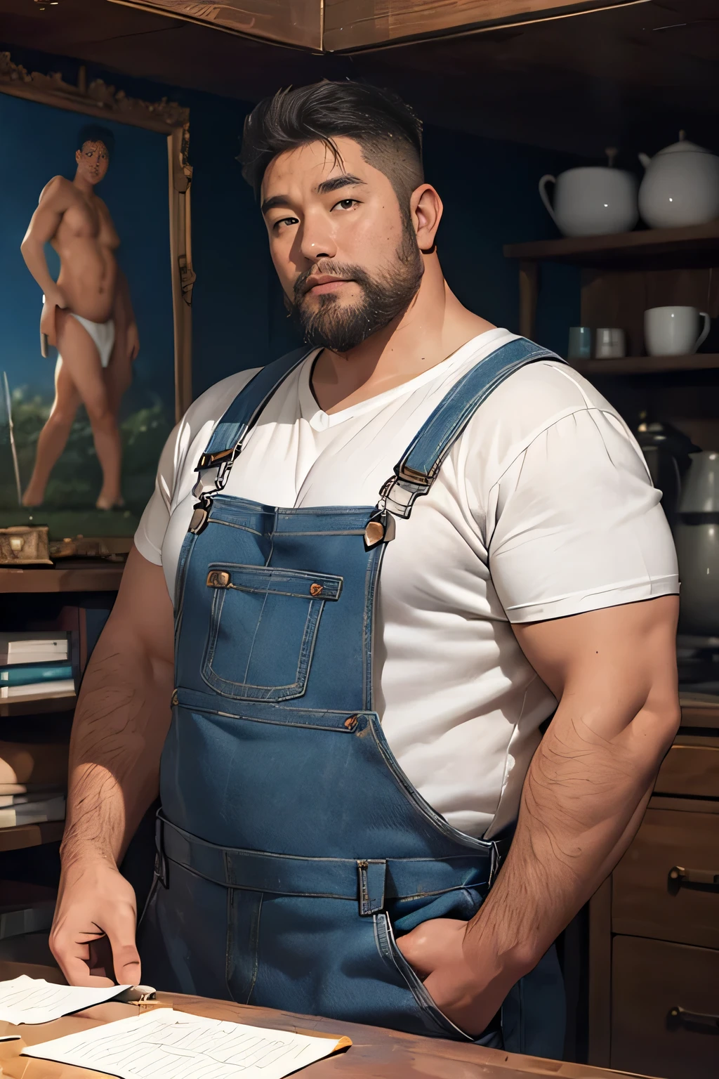 ((Upper body:1.2)),A portrait full body paintinggraph, 강력한 Muscular의 털이 많은 40대 몽골 남성, Attractive middle-aged Mongolian ,round face:2, black , blue bikini , triangle brief , Muscular, big belly with lots of hair ,(( I'm watching viewers )),(((( detail eyes )))), (( blue overalls )),(( blue overalls )),Balanced lighting,room, natural standing posture , very short hair , 매우 짧은 염소 beard, Epic Realistic , painting, ((((HDR)))), Intricate scene , Thick pussy , NASSFY , big body, wild chubby uncle , mature adult, beard, Thick body, Muscular, Bulky, (( A kind of expression )), kind attitude ,( perfect body proportions : 1.2), mature adult, barefoot , 8K quality, painting
