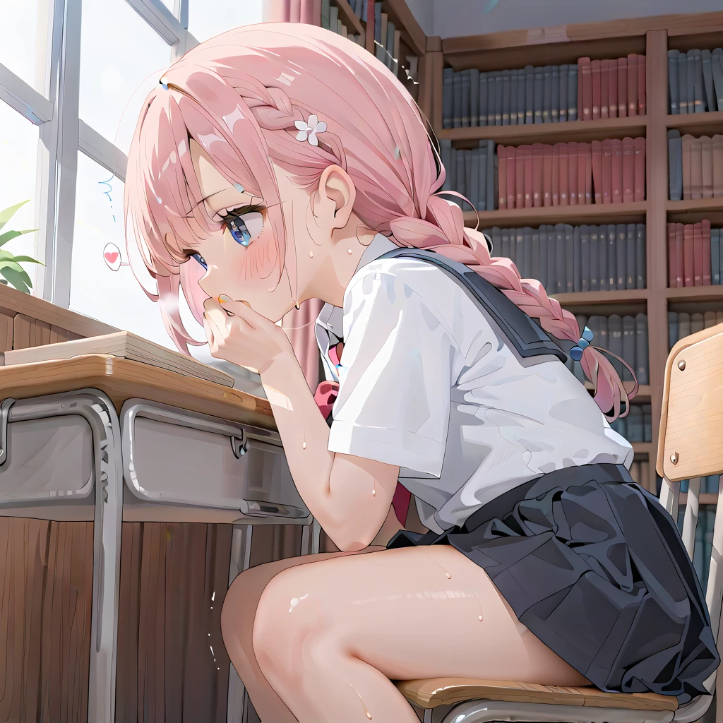 (masterpiece,beautiful,hughres,CG,8k,16k,best quality,high-resolution,detailed eyes:1.5),anime,source anime,illustration,face close up,from side,(1girl,Alone:1.5),(school,Library,School desks lined up,School Chair:1.5),( sits on a chair:1.2),Glass window,(Open book),(head down:1.3),( reading a book:1.2),profile,(pink hair:1,5),blue eyes,(ahoge:0.2),(braided hair,twintails,bangs:1.4),(school uniform,white shirt,pleated skirt,black skirt:1.3),small breasts,(sitting),(hand over own mouth, covering own mouth:0.9),(MASTURBATING UNDER PANTIES:1.3),(female orgasm:1.3),pussy juice,(trembling:1.4),(gasping,heavy breathing,blush:1.5),(impatience1.1),flustered,(fidgeting around:1.4),(steam:1.2),(sweat skin,sweat:1.4),(streaming tears:1.3),(drooling:1.1),(looking away:0.5),(looking down:1.4),(spoken heart:1.3),(narrow one's eyes:1.6)