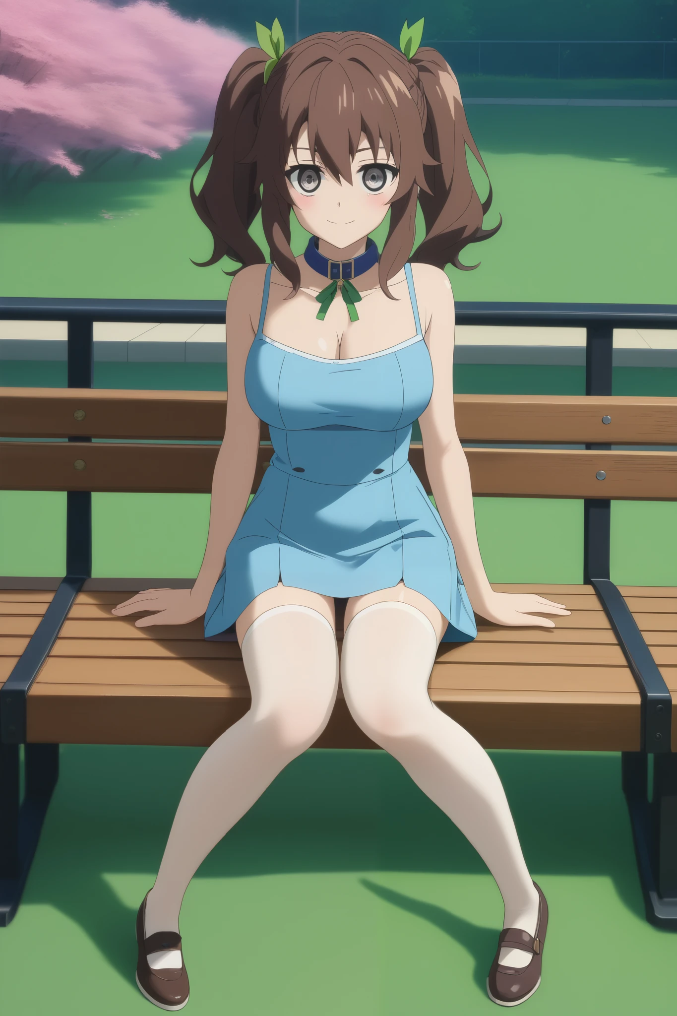 score_9, score_8_up, score_7_up, source_anime,    complex details   , (3d:0.4), ,   1 tall adult girl in her twenties , One, female focus, светло- brown hair,   grey eyes , большие  grey eyes , длинные светло- brown hair заплетены в два длинных пышных хвоста на голове, curvy hair tails ,  Hair between eyes,  brown hair, smile, blushed,  blue closed dress with a collar ,  big breasts ,  thin waist,  slender legs , stockings, shoes,  blue summer dress,  sitting on a park bench 