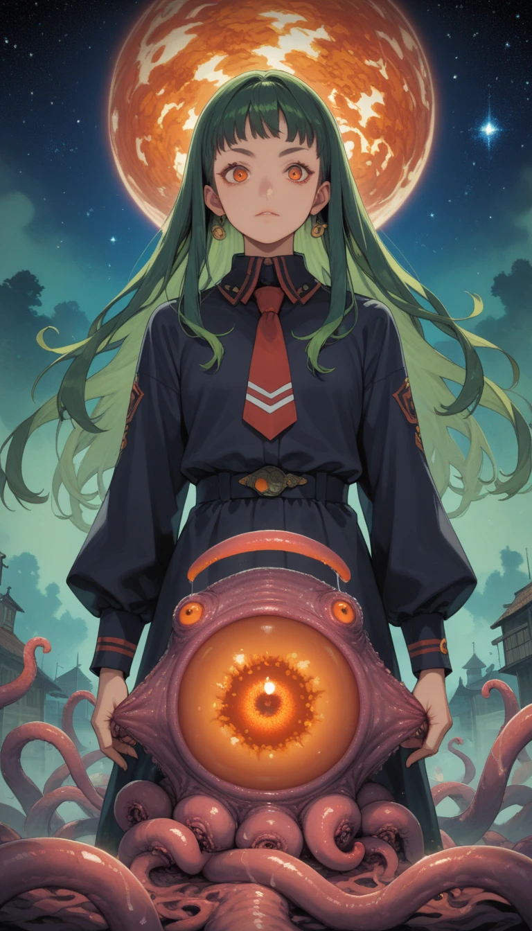 1 girl, anime girl, very long green hair, orange eyes, blazing eyes, tentacles, orbs, multi lobed eyeballs, cosmos, eldritch abomination, Lovecraftian, fog, mist, miasma, cosmos, space, harbour town. hp_lovecraft_style 