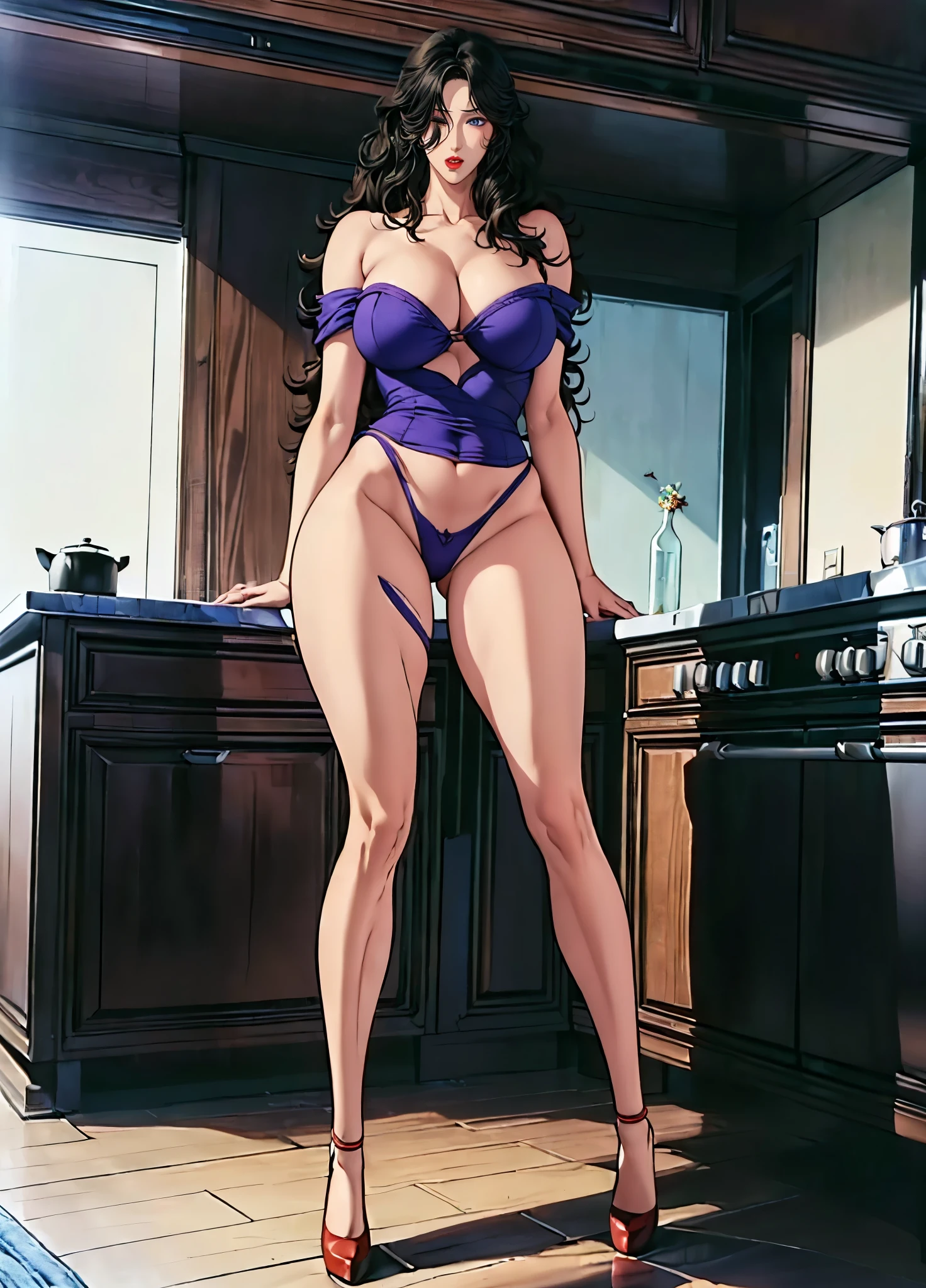 ((Rui Kisugi)),One 28 year old adult female, (8k, 最 High Quality : 1.2), very detailed, Complete solution, ( realistic, realistic photo: 1.5), portrait, high resolution RAW color photograph, high resolution and beautiful, high resolution, 8k 画像の壁紙, amazing details , file size is large by hand, very detailed美しい女性, very detailed face, ( Movie scene , fantasy art,最 High Quality , High Quality , high resolution, High Quality の質感, attention to detail, beautiful detail,Fine details, very detailedCG,Detailed texture, realistic representation of face,Full body photography,before,dynamic,Bold),(((Highly detailed and perfect face))),(larger female:1.2) 、(voluptuous:1.1)、((( torn clothes)))、((( clothes are in tatters)))、 the woman is fighting fiercely 、((( battle scene)))、 tattered clothes、( has big breasts:1.2)、 ((( have wavy, voluminous hair that is ridiculously long enough to hide her back:1.2))),Long, slicked bangs, Extremely Light Coppery Amber Hair,( hair covering one eye :1.6),Blue Eyed Woman, perfect eyes, charming eyes, ( frightened expression ), There is a small dot on the side of my mouth ,(Dark red lipstick),(Expressive crimson lips), very detailed肌, beautiful skin with luster and transparency ,(purple french sleeve leotard), off the shoulder, long pants , fitted clothes. has a turquoise waist mark wrapped around the waist ,((Rear view of a woman standing in front of the kitchen sink and cooking looks back)),((Seductive and sexy buttocks facing the front)),(Bare legs),(( long legs :1.9)),( wearing high heels),(Larger feet:1.6), perfect quality , good quality, Masterpiece , high resolution , 超 high resolution 、((( The background is the kitchen )))、 Masterpiece , 超 high image quality , beautiful detail, tall beautiful woman、( rope bondage:1.4), nsfw,beauty、(Height 180cm,),((thick thighs:1.5)),(big ass:1.1),(( Masterpiece ))、(( high image quality ))、8k、(( face details))、Woman 1, I'm wearing a blue-green waistmark around my waist、、((( torn clothes))), (( Super Slim Waist :1.4)), Erotic Poses , I have dripping from my crotch ,Sexy legs, perfect body proportions,(( amazing orgasms )),( long, beautiful leg details),sweating,