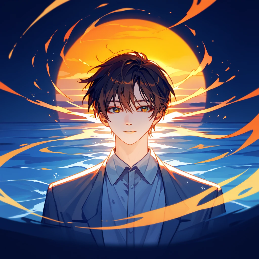 "Kim Dokja standing near a vast ocean, striking an elegant and surreal pose, with arms gracefully extended outward. His expression is calm and introspective, his dark hair flowing naturally in the wind. He is wearing a light, flowy shirt that adds to the ethereal feel of the scene. The background features gentle waves and a warm, golden sunset, casting a soft, glowing light over the scene. The warm color palette emphasizes hues of orange, gold, and soft pink, creating a serene yet dramatic atmosphere.""
 