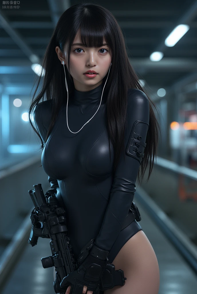 Beautiful girl in cyberpunk scene medium breasts, long hair, mechanical arms, see-through