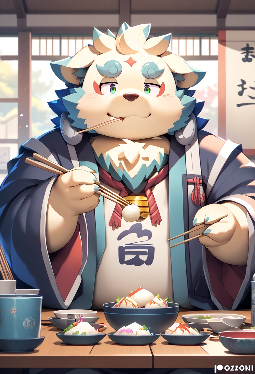 ((masterpiece)),((  High Quality )),furry , kemono , Being overweight、  kemono art  ,  kemono art  ,  boy,  anime style  , 、 colorful 、, It&#39;s cute,  kemono art  , Sit down、(Eating mochi with chopsticks、Ozoni、)(Ozoni、Eat rice cakes)