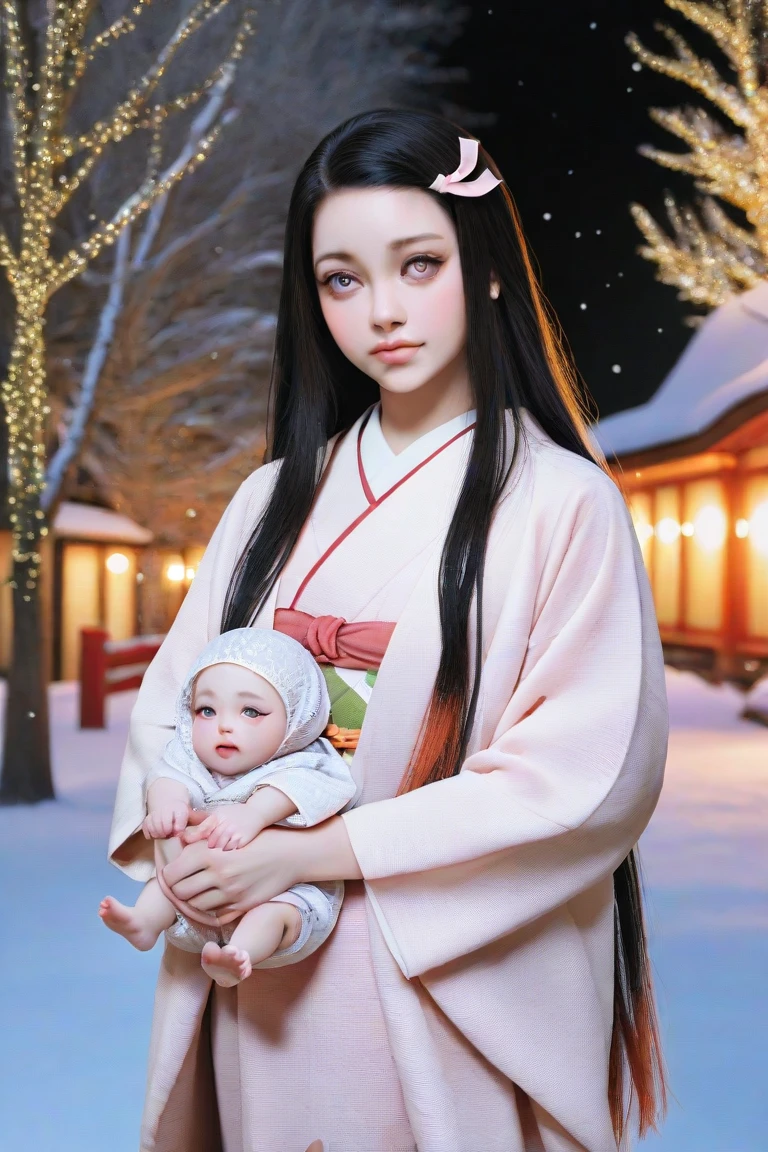 very extremely beautiful girl, nezuko,realistic, large upturned wide light pink upturned eyes very large, very cute **** round oval angelic face, very beautiful, black long hair, silk cashmere heavy kimono, lights, snow, beautiful, princess 