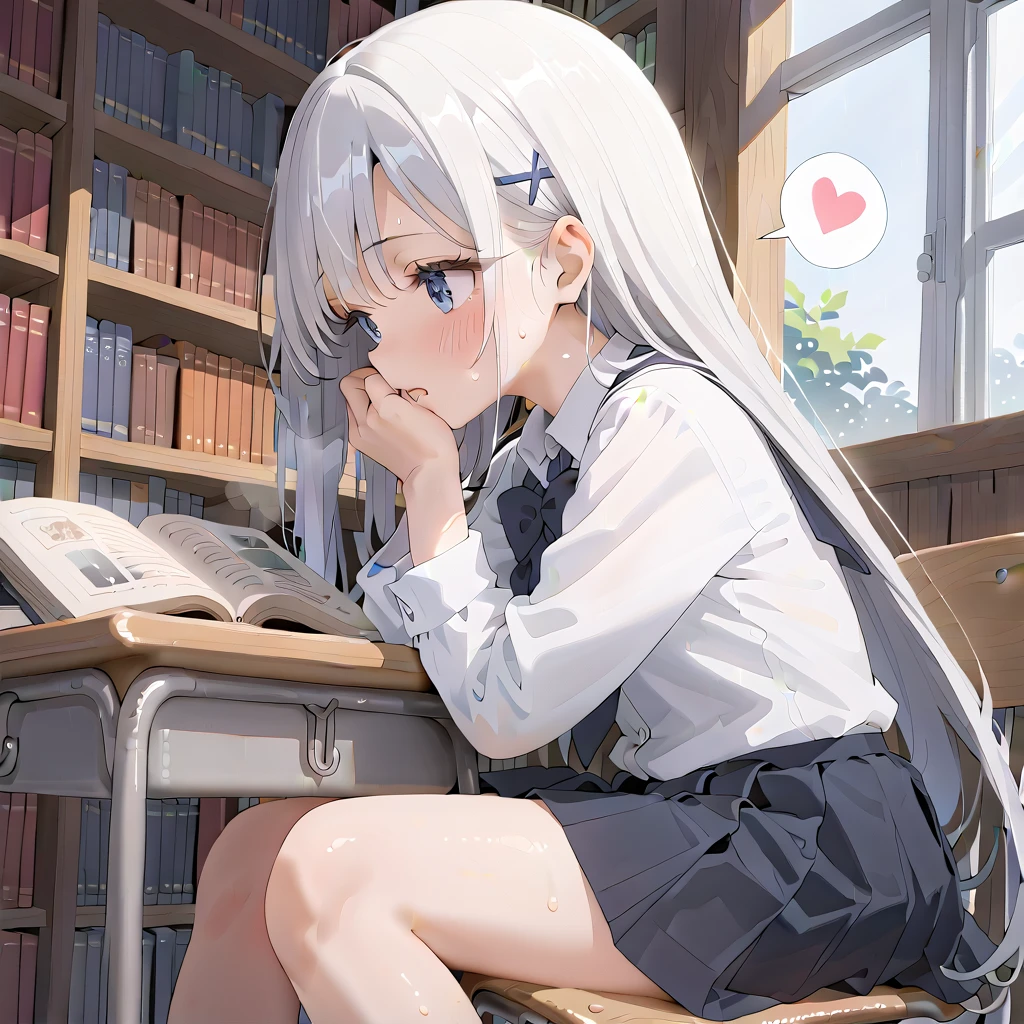 (masterpiece,beautiful,hughres,CG,8k,16k,best quality,high-resolution,detailed eyes:1.5),anime,source anime,illustration,face close up,from side,(1girl,Alone:1.5),(school,Library,School desks lined up,School Chair:1.5),( sits on a chair:1.2),(Bookshelf:0.7),Glass window,(Open book),(head down:1.3),( reading a book:1.2),profile,(white hair:1.5),blue eyes,(very long hair,straight hair,bangs:1.4), thighs,(school uniform,white shirt,pleated skirt,black skirt:1.3),small breasts,(sitting),(hand over own mouth, covering own mouth:0.9),(MASTURBATING UNDER PANTIES:1.3),(female orgasm:1.3),pussy juice,(trembling:1.4),(gasping,heavy breathing,blush:1.5),(impatience1.1),flustered,(fidgeting around:1.4),(steam:1.2),(sweat skin,sweat:1.4),(streaming tears:1.3),(drooling:1.1),(looking away:0.5),(looking down:1.4),(spoken heart:1.3),(narrow one's eyes:1.6)