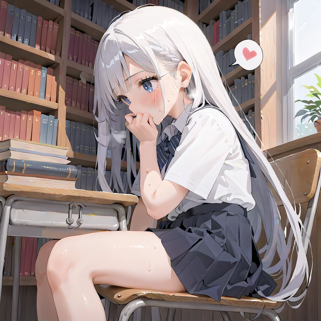 (masterpiece,beautiful,hughres,CG,8k,16k,best quality,high-resolution,detailed eyes:1.5),anime,source anime,illustration,face close up,from side,(1girl,Alone:1.5),(school,Library,School desks lined up,School Chair:1.5),( sits on a chair:1.2),(Bookshelf:0.7),Glass window,(Open book),(head down:1.3),( reading a book:1.2),profile,(white hair:1.5),blue eyes,(very long hair,straight hair,bangs:1.4), thighs,(school uniform,white shirt,pleated skirt,black skirt:1.3),small breasts,(sitting),(hand over own mouth, covering own mouth:0.9),(MASTURBATING UNDER PANTIES:1.3),(female orgasm:1.3),pussy juice,(trembling:1.4),(gasping,heavy breathing,blush:1.5),(impatience1.1),flustered,(fidgeting around:1.4),(steam:1.2),(sweat skin,sweat:1.4),(streaming tears:1.3),(drooling:1.1),(looking away:0.5),(looking down:1.4),(spoken heart:1.3),(narrow one's eyes:1.6)