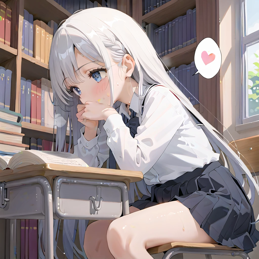 (masterpiece,beautiful,hughres,CG,8k,16k,best quality,high-resolution,detailed eyes:1.5),anime,source anime,illustration,face close up,from side,(1girl,Alone:1.5),(school,Library,School desks lined up,School Chair:1.5),( sits on a chair:1.2),(Bookshelf:0.7),Glass window,(Open book),(head down:1.3),( reading a book:1.2),profile,(white hair:1.5),blue eyes,(very long hair,straight hair,bangs:1.4), thighs,(school uniform,white shirt,pleated skirt,black skirt:1.3),small breasts,(sitting),(hand over own mouth, covering own mouth:0.9),(MASTURBATING UNDER PANTIES:1.3),(female orgasm:1.3),pussy juice,(trembling:1.4),(gasping,heavy breathing,blush:1.5),(impatience1.1),flustered,(fidgeting around:1.4),(steam:1.2),(sweat skin,sweat:1.4),(streaming tears:1.3),(drooling:1.1),(looking away:0.5),(looking down:1.4),(spoken heart:1.3),(narrow one's eyes:1.6)