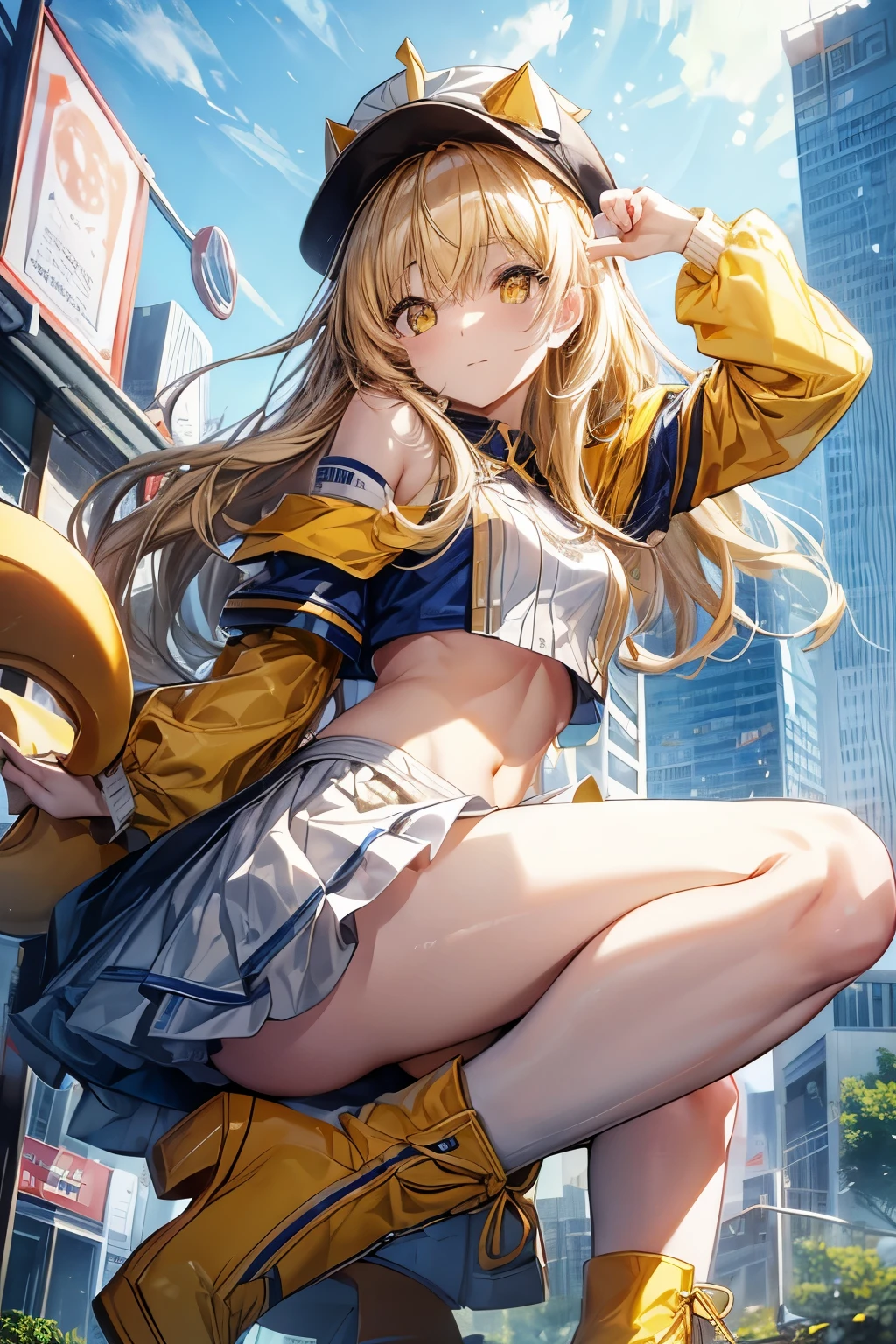 personification of cheese 、Blonde girl、 cheese chair 、fine、Cheese hat 、 cheese boots 、 cheese in the guise of a cheerleader、View from below、 yellow eyes、