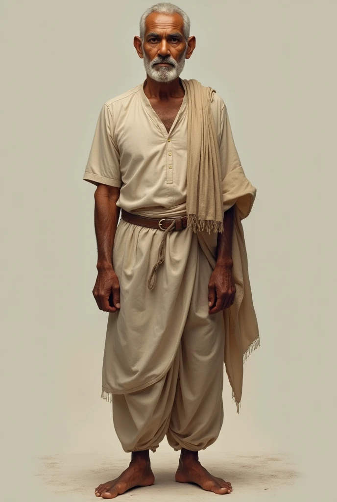 (((Emaciated))), short Indian man (((emaciated, short))) standing in a garden. He is wearing a towel.