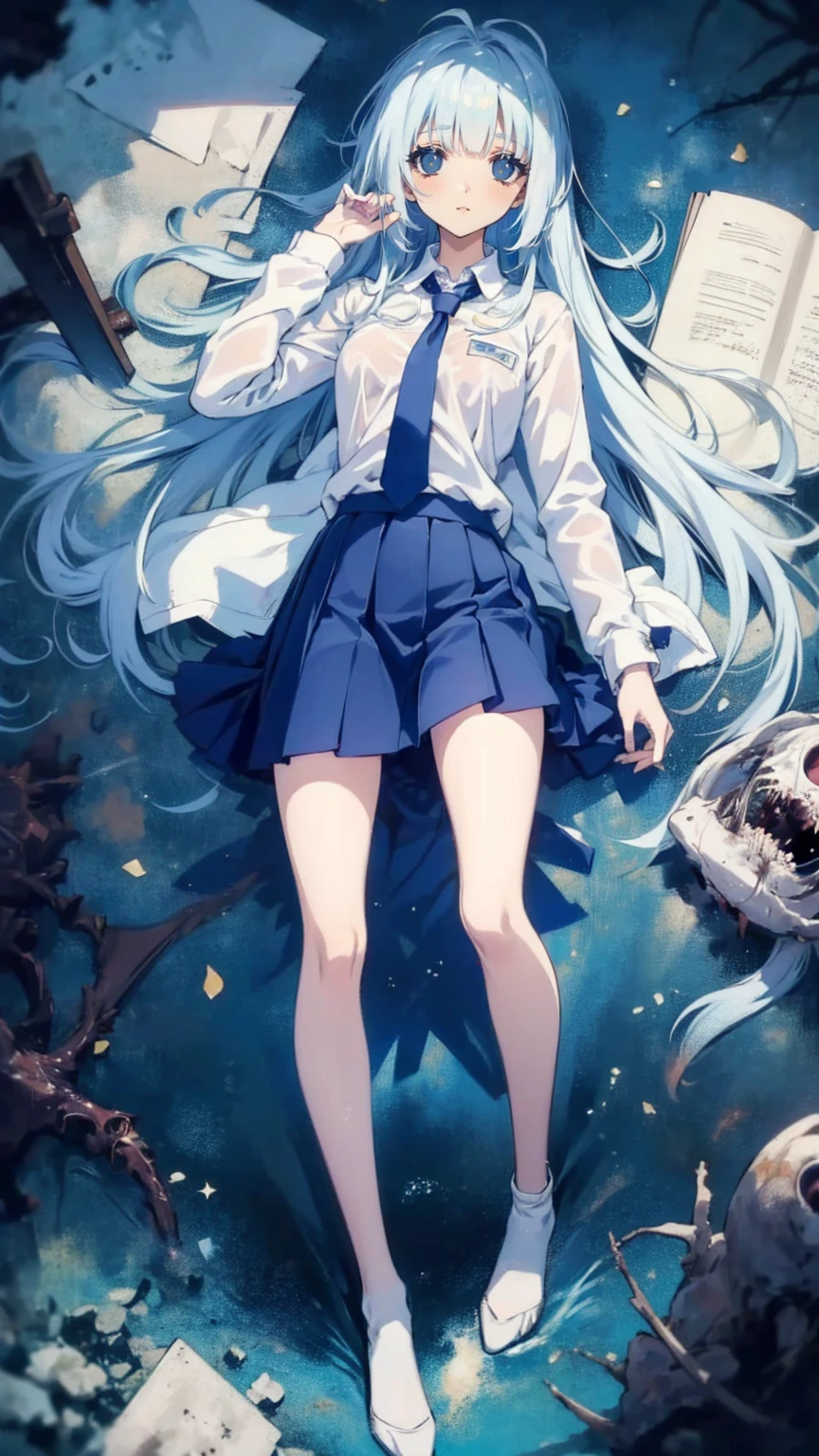  anime style .  a girl with long hair and blue eyes、 wear a uniform、((A true masterpiece ,  ultimate perfect quality  , Very delicate details, true anatomy)),(( grotesque,  horror)), (It was a decaying  、 severely damaged ,  Decaying ),  a slender drowned girl , Photo with ,  with dark dark eyes ,  wearing school uniforms , Shirt and skirt
