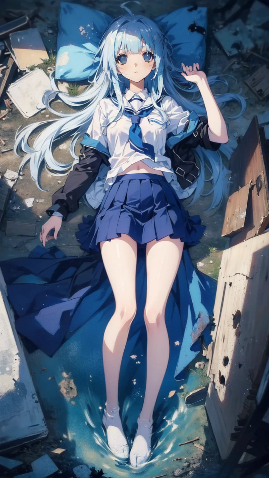  anime style .  a girl with long hair and blue eyes、 wear a uniform、((A true masterpiece ,  ultimate perfect quality  , Very delicate details, true anatomy)),(( grotesque,  horror)), (It was a decaying  、 severely damaged ,  Decaying ),  a slender drowned girl , Photo with ,  with dark dark eyes ,  wearing school uniforms , Shirt and skirt
