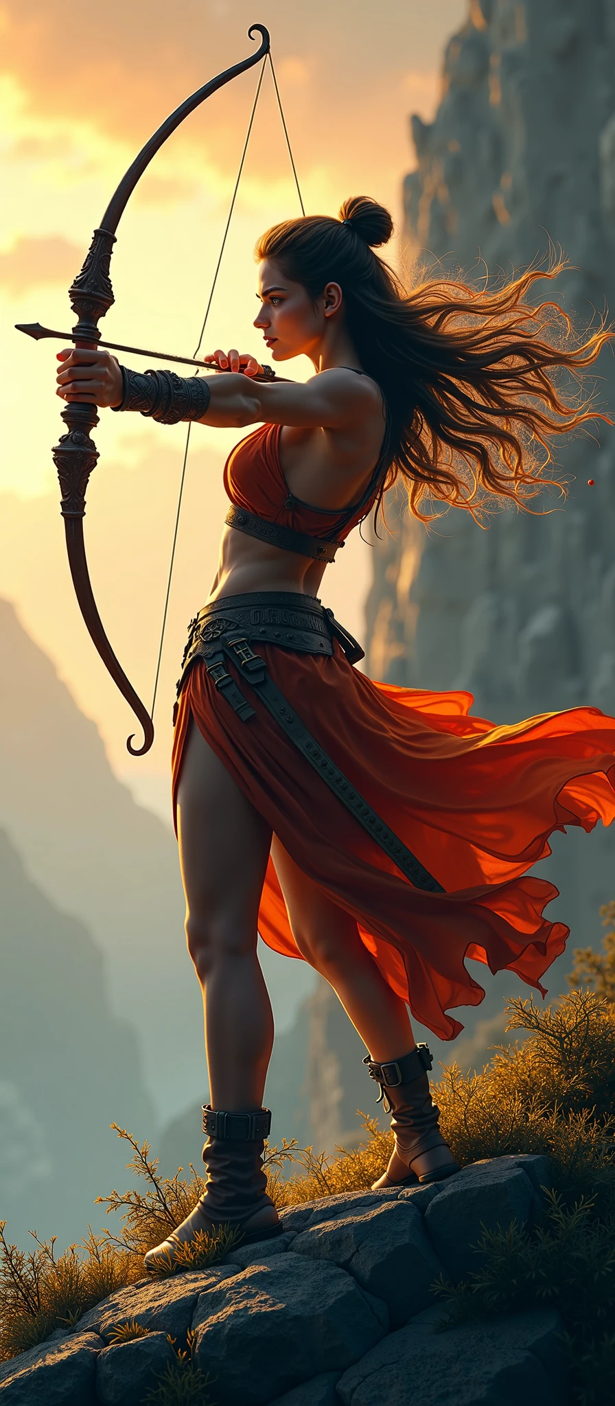 ((1 girl, dynamic archer posture, detailed bow and arrow stance:1.5)), intricate arch, dramatic movement, Attractive silhouette, Flying hair, intense focus, Muscular Physique, textura de pele realista, high qualiy, 8k, cinematic lighting, dramatic shadows, warm color tones, swirly vibrant colors, fantasy landscape background, lush vegetation, rocky cliff, dramatic sky, dynamic action, striking composition, work of art, photorrealistic, hyper detailled