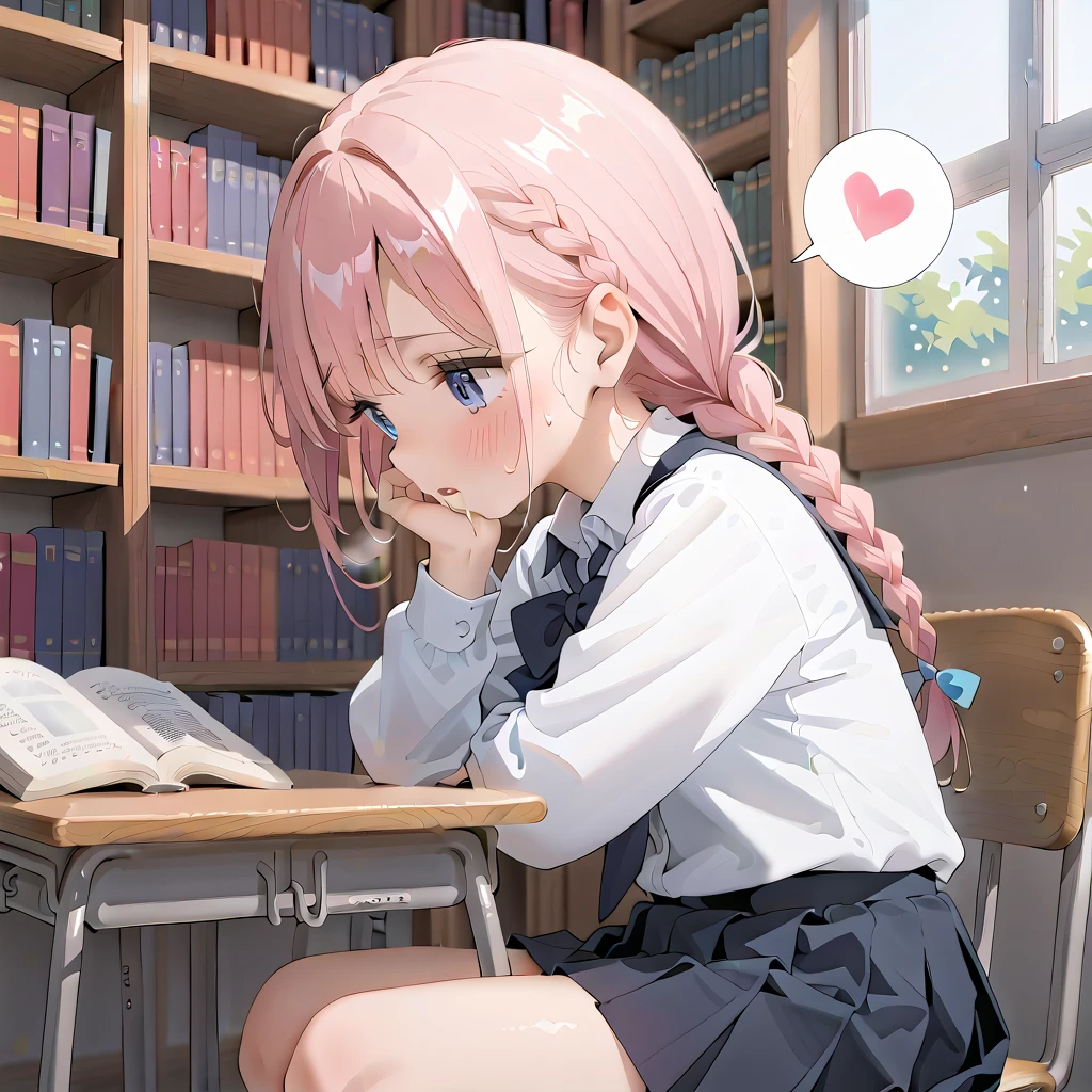 (masterpiece,beautiful,hughres,CG,8k,16k,best quality,high-resolution,detailed eyes:1.5),anime,source anime,illustration,face close up,from side,(1girl,Alone:1.5),(school,Library,School desks lined up,School Chair:1.5),( sits on a chair:1.2),(Bookshelf:0.5),Glass window,(Open book),(head down:1.1),( reading a book:1.2),profile,(pink hair:1,5),blue eyes,(ahoge:0.2),(braided hair,twintails,bangs:1.4), thighs,(school uniform,white shirt,pleated skirt,black skirt:1.3),small breasts,(sitting),(hand over own mouth, covering own mouth:0.8),(masturbationm,MASTURBATING UNDER PANTIES:1.3),(female orgasm:1.3),pussy juice,(trembling:1.4),(gasping,heavy breathing,blush:1.5),(impatience1.1),flustered,(fidgeting around:1.4),(steam:1.2),(sweat skin,sweat:1.4),(streaming tears:1.3),(drooling:1.1),(looking away:0.5),(looking down:1.4),(spoken heart:1.3),(narrow one's eyes:1.6)