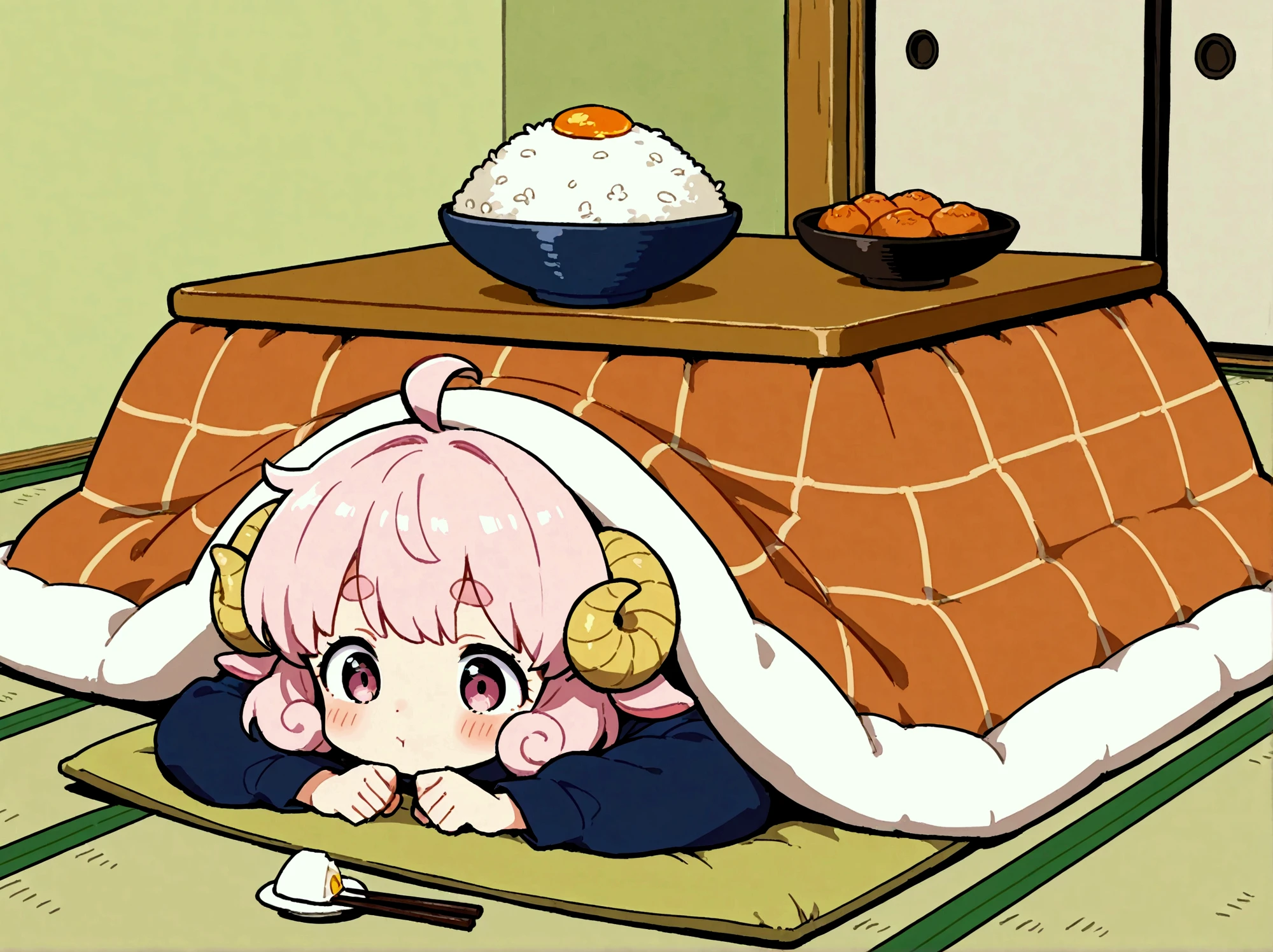 1girl,  pink fluffy hair, round sheep horn , Thick eyebrows, Kotatsu, Eating mochi with chopsticks, white rice cake, Grab the mochi with a chopstick, The rice cake is very stretchy:1.5, Rice cake, Long rice cake:1.5, Cat curled up and sleeping,  tatami room , indoor, Garden view