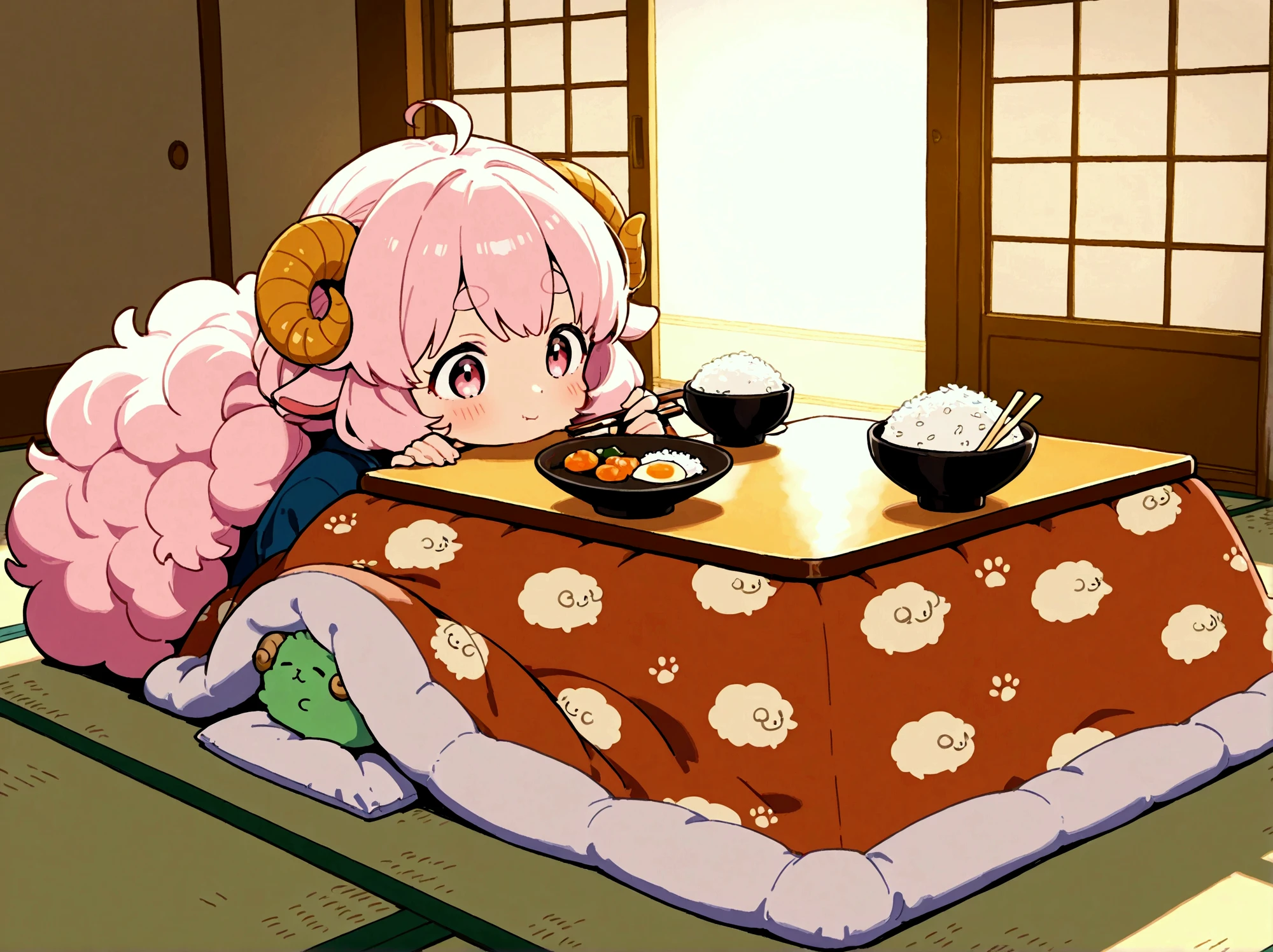 1girl,  pink fluffy hair, round sheep horn , Thick eyebrows, Kotatsu, Eating mochi with chopsticks, white rice cake, Grab the mochi with a chopstick, The rice cake is very stretchy:1.5, Rice cake, Long rice cake:1.5, Cat curled up and sleeping,  tatami room , indoor, Garden view