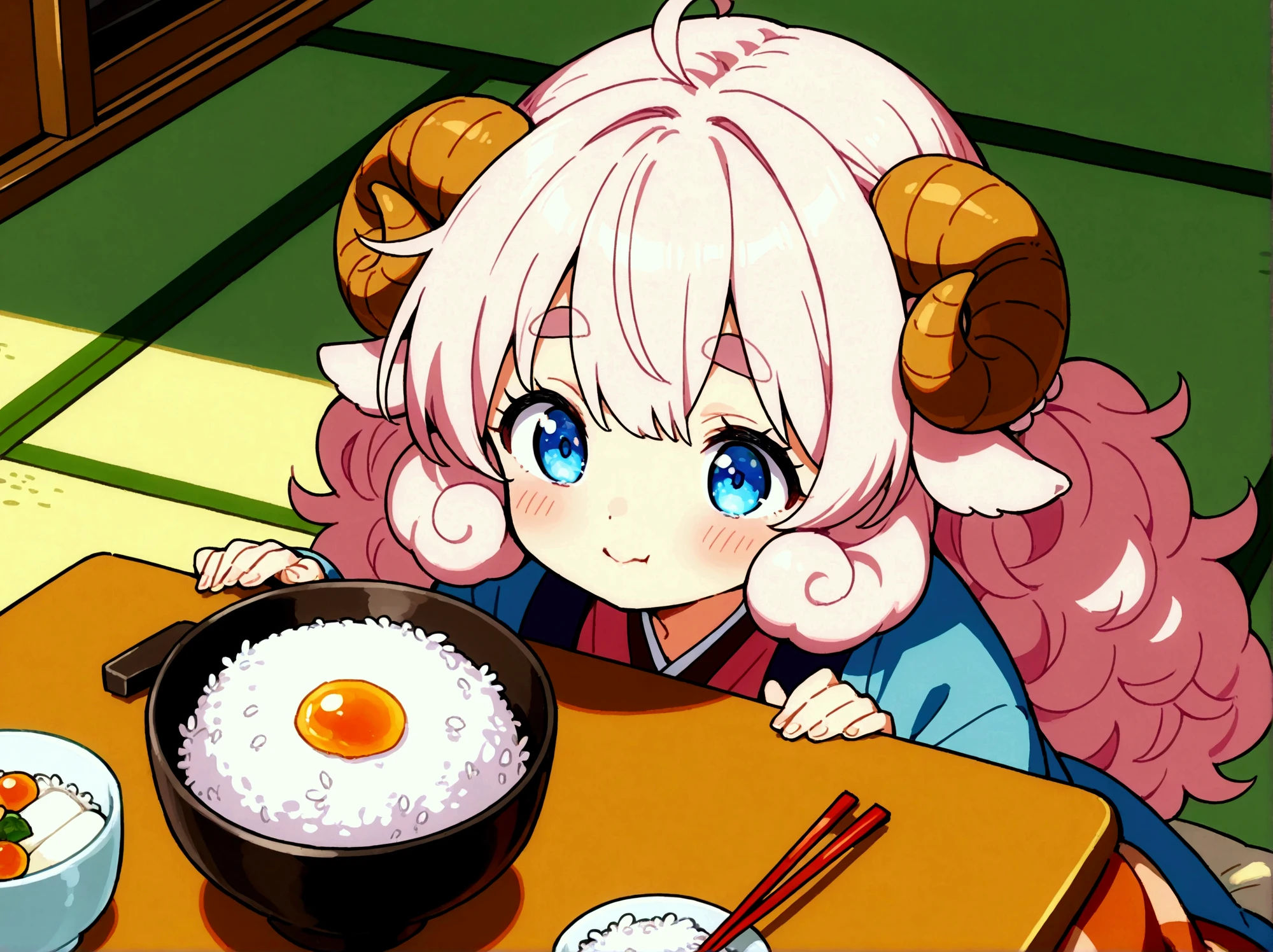 1girl,  pink fluffy hair, round sheep horn , Thick eyebrows, Kotatsu, Eating mochi with chopsticks, white rice cake, Grab the mochi with a chopstick, The rice cake is very stretchy:1.5, Rice cake, Long rice cake:1.5, Cat curled up and sleeping,  tatami room , indoor, Garden view