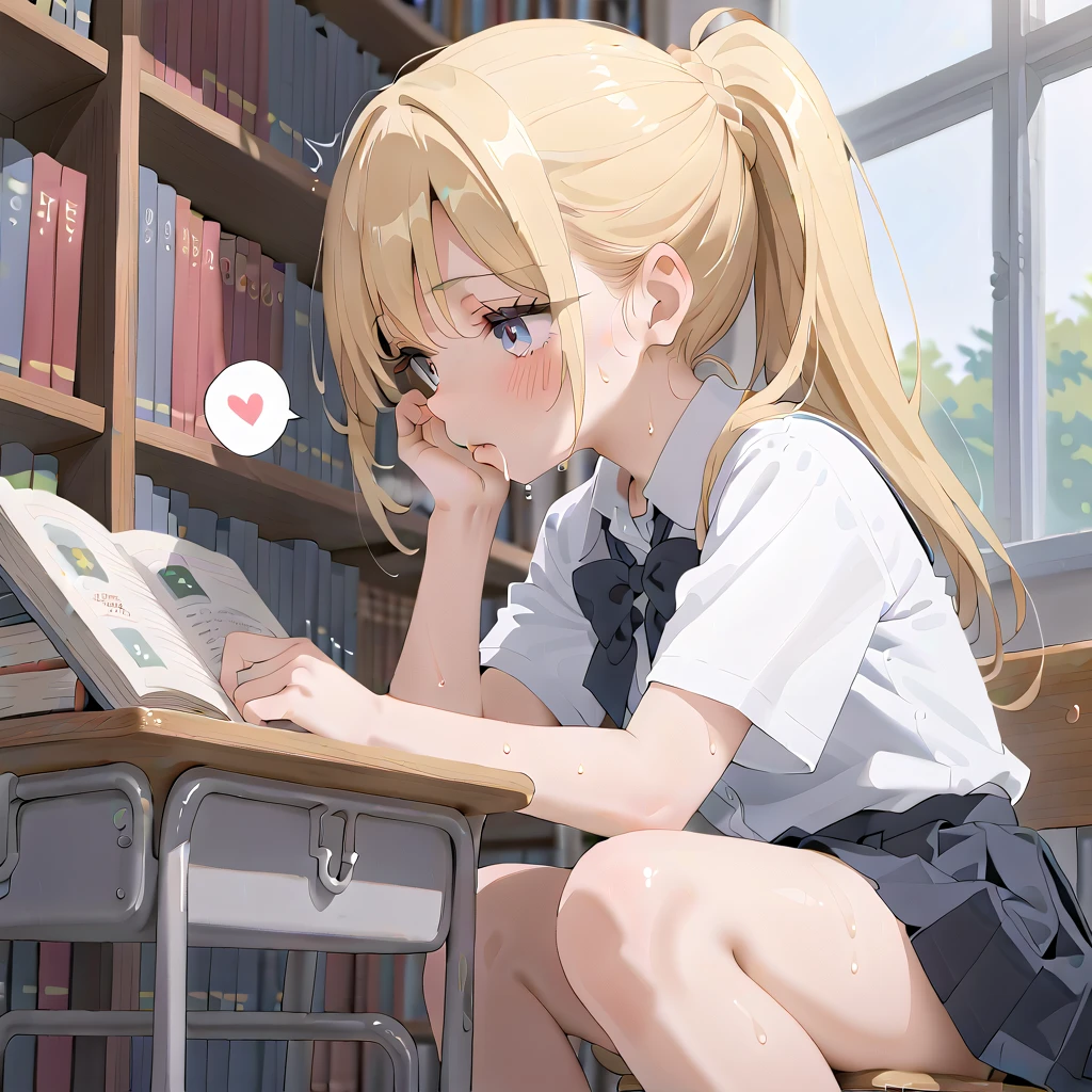 (masterpiece,beautiful,hughres,CG,8k,16k,best quality,high-resolution,detailed eyes:1.5),anime,source anime,illustration,face close up,from side,(1girl,Alone:1.5),(school,Library,School desks lined up,School Chair:1.5),( sits on a chair:1.2),(Bookshelf:0.5),Glass window,(Open book),(head down:1.1),( reading a book:1.2),profile,(blonde hair:1.5),pink eyes,(ponytail:1.4),( thighs:1.2),(school uniform,white shirt,pleated skirt,black skirt:1.3),small breasts,(sitting),(hand over own mouth, covering own mouth:0.8),(masturbationm,MASTURBATING UNDER PANTIES:1.3),(female orgasm:1.3),pussy juice,(trembling:1.4),(gasping,heavy breathing,blush:1.5),(impatience1.1),flustered,(fidgeting around:1.4),(steam:1.2),(sweat skin,sweat:1.4),(streaming tears:1.3),(drooling:1.1),(looking away:0.5),(looking down:1.4),(spoken heart:1.3),(narrow one's eyes:1.6)