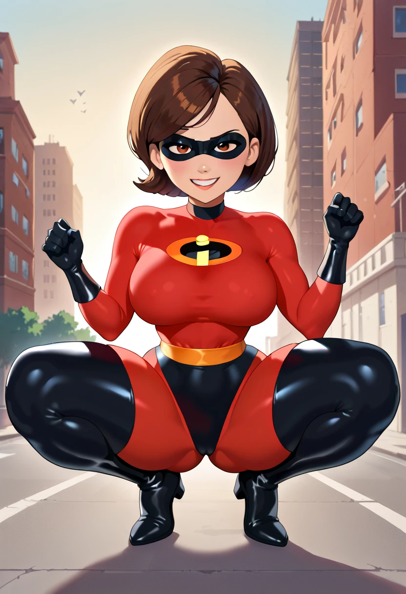 (masterpiece), best quality, depth of field, 1girl, solo, looking at viewer, smilling,breasts, helenparr, domino mask, mask, bodysuit, elbow gloves, thighhighs, thigh boots, wide hips, sitting on bed edge, legs crossed, at the son's bedroom