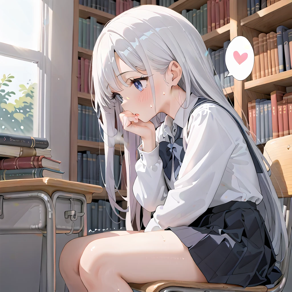 (masterpiece,beautiful,hughres,CG,8k,16k,best quality,high-resolution,detailed eyes:1.5),anime,source anime,illustration,face close up,from side,(1girl,Alone:1.5),(school,Library,School desks lined up,School Chair:1.5),( sits on a chair:1.2),(Bookshelf:0.5),Glass window,(Open book),(head down:1.1),( reading a book:1.2),profile,(white hair:1.5),blue eyes,(very long hair,straight hair,bangs:1.4),( thighs:1.2),(school uniform,white shirt,pleated skirt,black skirt:1.3),small breasts,(sitting),(hand over own mouth, covering own mouth:0.8),(masturbationm,MASTURBATING UNDER PANTIES:1.3),(female orgasm:1.3),pussy juice,(trembling:1.4),(gasping,heavy breathing,blush:1.5),(impatience1.1),flustered,(fidgeting around:1.4),(steam:1.2),(sweat skin,sweat:1.4),(streaming tears:1.3),(drooling:1.1),(looking away:0.5),(looking down:1.4),(spoken heart:1.3),(narrow one's eyes:1.6)