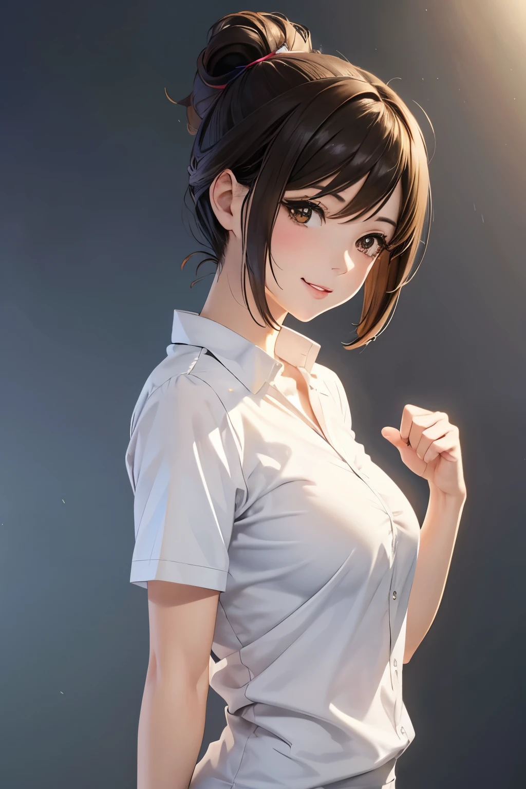 8k, top-quality, masterpiece, Super A high resolution、anime character, smooth anime cg art, simple background, beautiful Japanese woman's elegance, One Woman, one lady, Beautiful smile, Transparent atmosphere, Sexy lips, Beautiful Face, very short hair, hair bun, gentle smile, white skinned, Droopy eyes, Brown eyes, medium sized breasts, 30 years old, no background, Smooth fabric, tight, shirt, pointing , side shot, standing, high school female Teacher, upper body, ponytail, fist pump, 