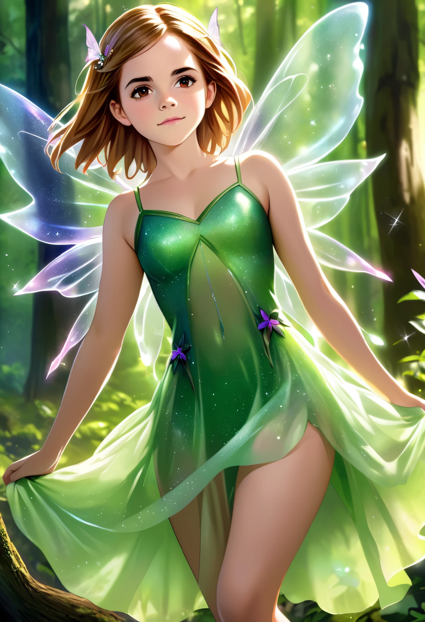 a beautiful teen emma watson as fairy in the forest. her vibrant and youthful features create a striking juxtaposition of ethereal beauty. tight transparent fairy dress, short dress, sparkly wings.