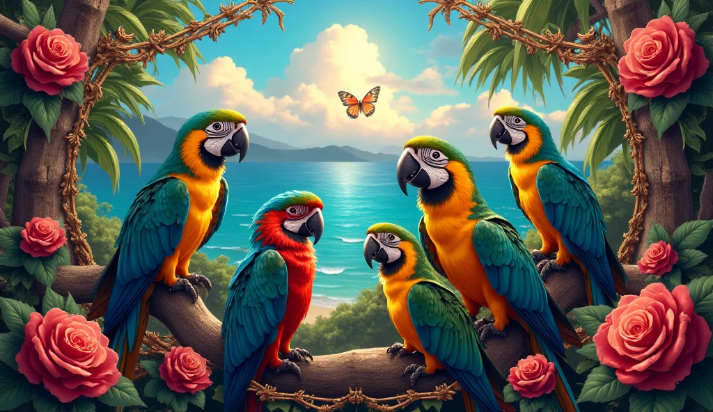 Parrot Vector Art, Colorful illustration with lots of roses and parrots, In the center, Vibrant colors, oil Paint splatters and stains, High-Details,Hawaii Background, art by Vladimir Volegov,Virgin,digital art 8k,Jean-Baptiste Monge style, bright, beautiful,splash, Glittering , cute and adorable,filigree , rim lighting, lights, extremely ,magic,surreal,fantasy, digital art,wlop, artgerm and james jean,sf, intricate artwork masterpiece, ominous, oil matte painting movie poster, golden ratio, trending on cgsociety, intricate, epic,trending on artstation