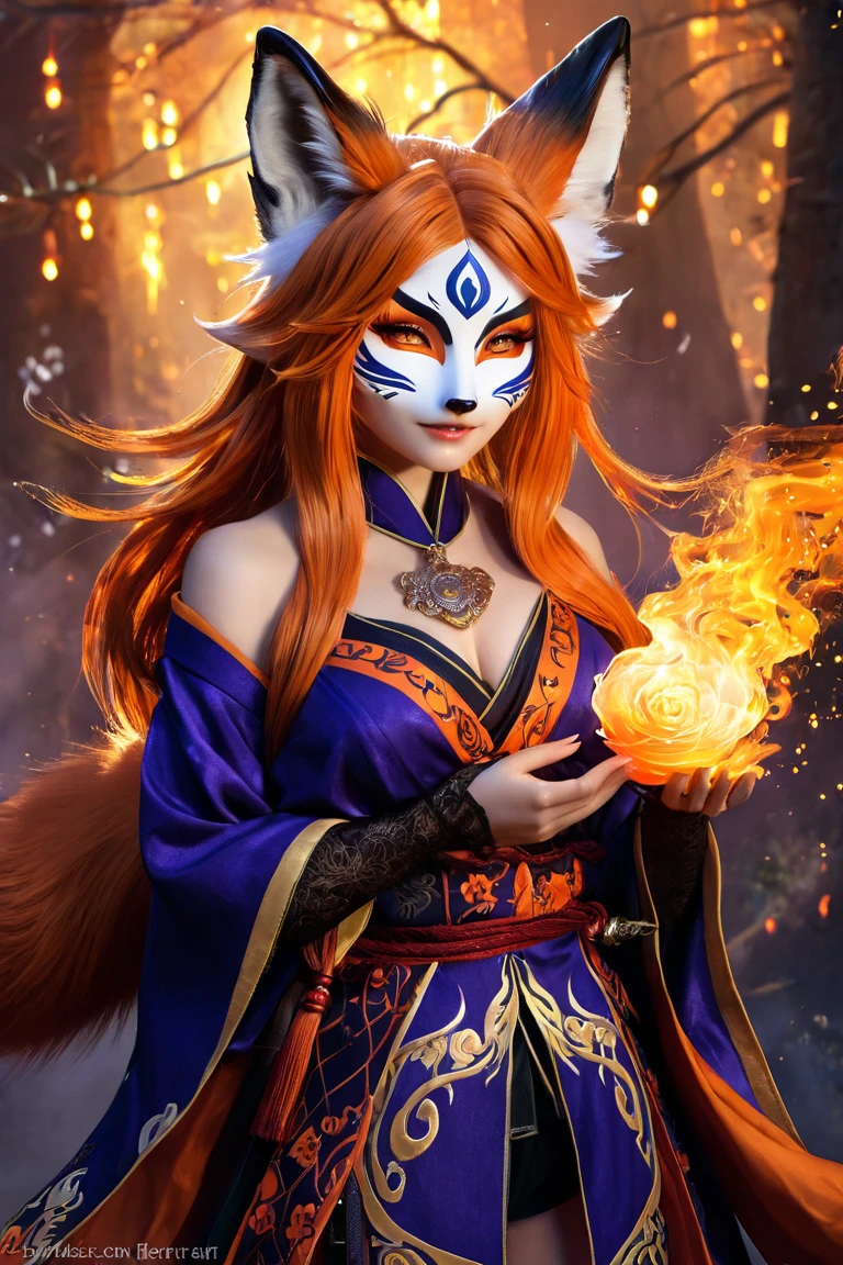  One Girl ,Alone,,  Official Art,  Unity 8K Wallpaper ,  ultra detail,  beautiful and aesthetic,  beautiful, masterpiece,  top quality,, Fox Witch, Fox Mask, Haori,  Foxfire Spell, Fox&#39;s Charm, conversion,