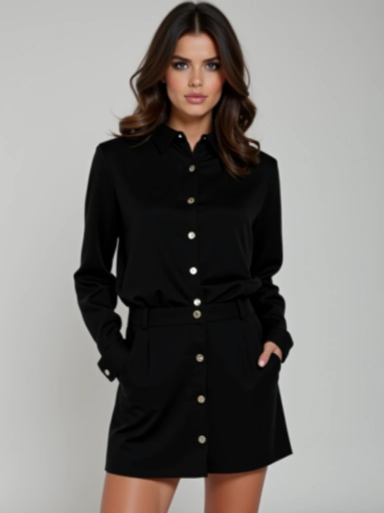 A realistic photo of beautiful rich italian business woman with black short skirt suit, light makeup, long straight blonde hair, high quality, very detailed, perfect fit, looking at the camera, detailed face