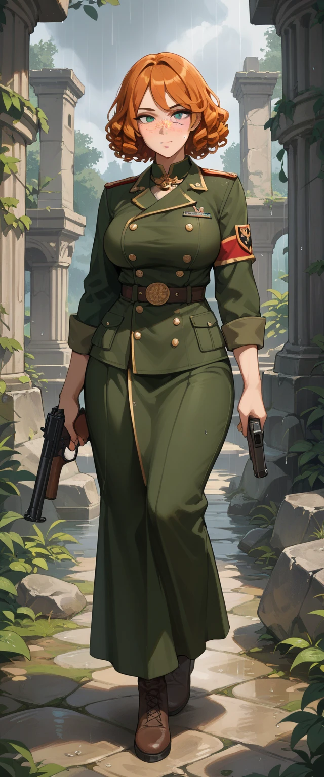 masterpiece, ultra detail, Woman, brown hair, green eyes, freckles, hair with braids, camouflage cape, military hat, sniper, unfirome USSR ww2 sexy, open knees, sexy pose, battlefield, crouched, holds weapon, wide thighs , big breasts, shows pussy