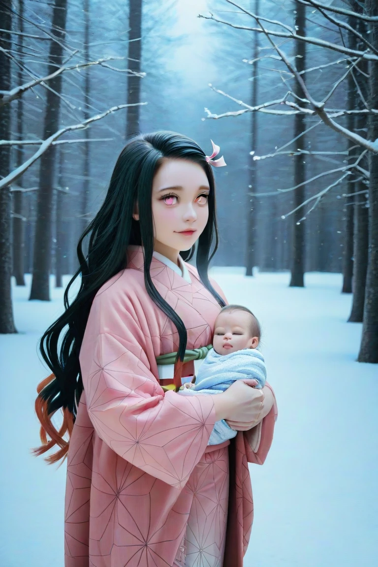 very extremely beautiful girl, nezuko,realistic, large upturned wide light pink upturned eyes very large, very cute baby round oval angelic face, very beautiful, black long hair, silk cashmere heavy kimono, lights, snow, beautiful, princess 
