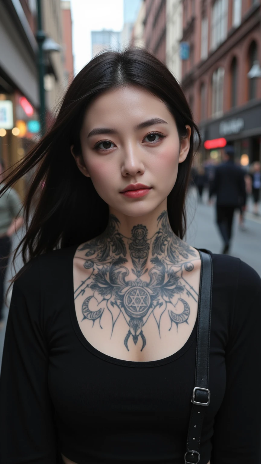 Portrait photo at the Shibuya scramble crossing,、Woman with tattoos all over her body、An ultra-high picture quality、Japan tattoo、An ultra-high picture quality、in 8K、16k、RAW image quality、Tattoos on both arms and neck、Scary tattoos、Insect tattoo
