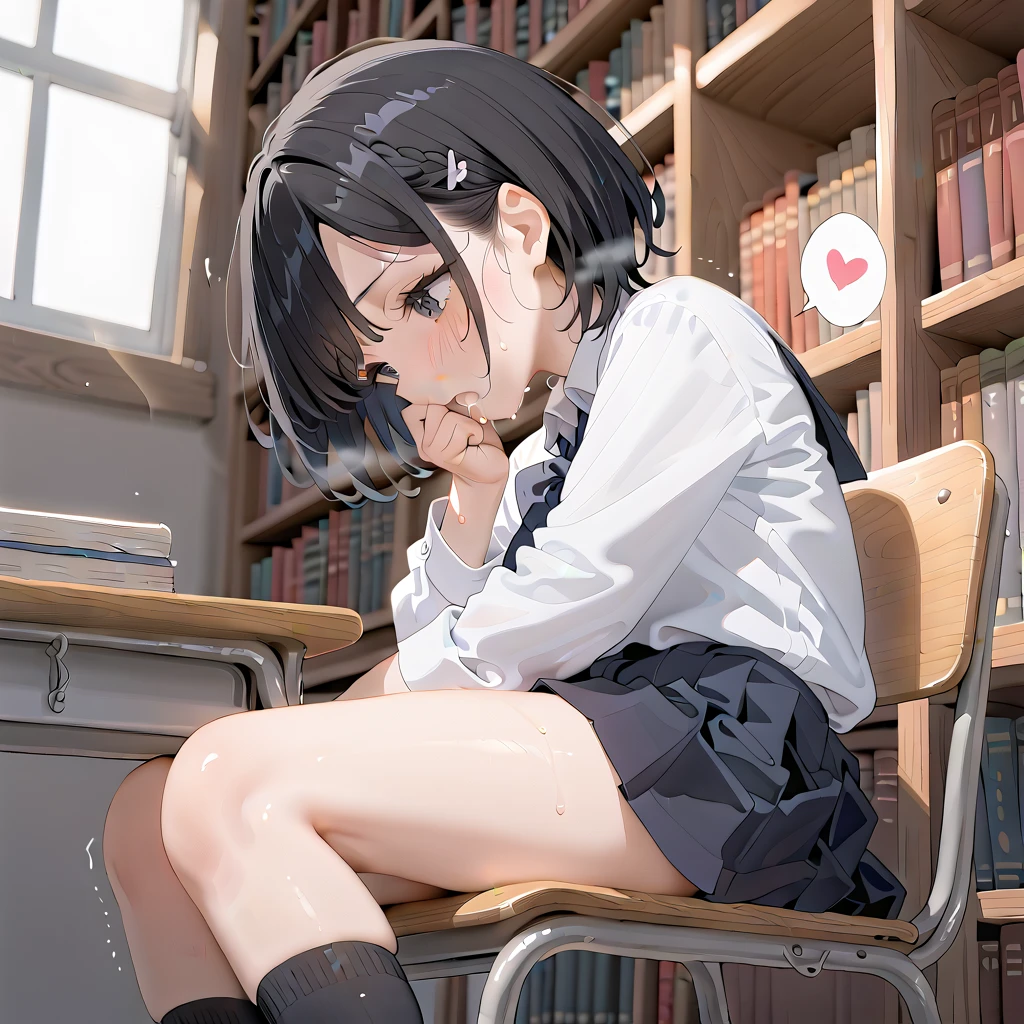 (masterpiece,beautiful,hughres,CG,8k,16k,best quality,high-resolution,detailed eyes:1.5),anime,source anime,illustration,face close up,from side,(1girl,Alone:1.5),(school,Library,School desks lined up,School Chair:1.5),( sits on a chair:1.2),(Bookshelf:0.5),Glass window,(Open book),(head down:1.1),( reading a book:1.2),profile,(black hair:1.5),black eyes,(short hair,bangs:1.4),( thighs:1.4),(school uniform,white shirt,pleated skirt,black skirt:1.3),small breasts,(sitting),(hand over own mouth, covering own mouth:0.8),(female masturbationm,MASTURBATING UNDER PANTIES:1.3),(female orgasm:1.3),pussy juice,(trembling:1.4),(gasping,heavy breathing,blush:1.5),(impatience1.1),flustered,(fidgeting around:1.4),(steam:1.2),(sweat skin,sweat:1.4),(streaming tears:1.3),(drooling:1.1),(looking away:0.5),(looking down:1.4),(spoken heart:1.3),(narrow one's eyes:1.6)