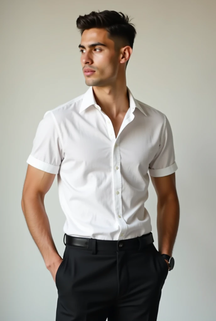 A sexy , handsome male model,with black hair,and brown eyes, he is wearing a casual unbuttoned white shirt,with folded arms, he is also wearing a innerwear under his shirt, but he is not wearing any pants, he has a very beautiful looking flaccid penis, he is looking at camera seductively with a smile