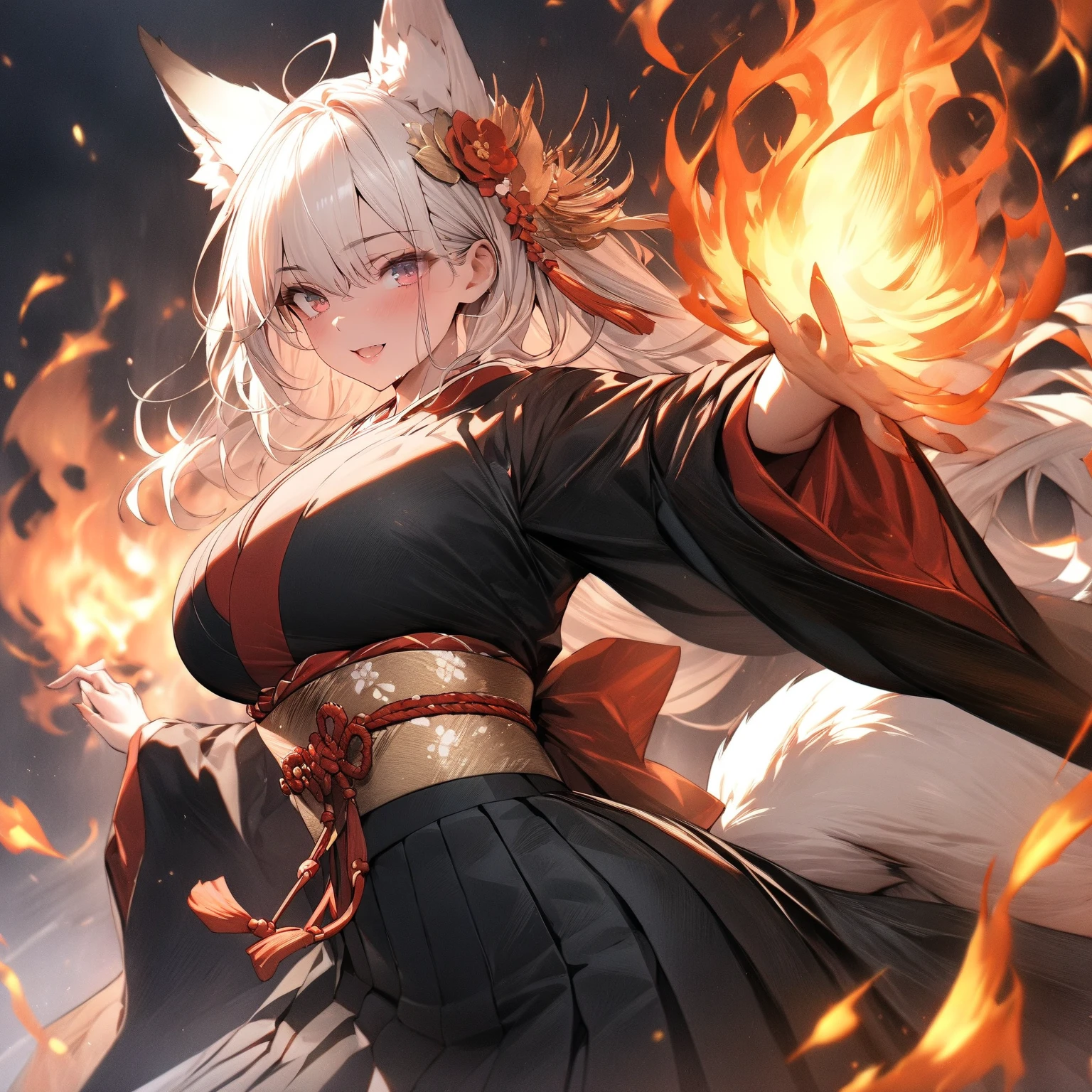 ((((masterpiece)))), ((((Best Quality)))), action,High resolution,whole body,fine grain,,Detailed face,Fox Girl,Wearing a kimono,hakama,Beautiful Skin、Beautiful and sophisticated eyes、big breasts,fire