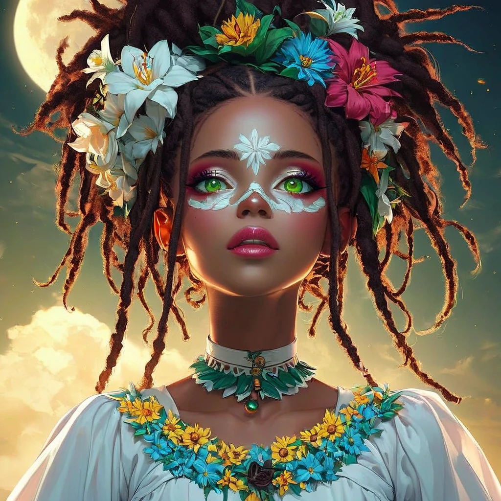Create a female Rastafari woman who has a birth of beautiful flores de todos los tipos hermosos in her dreadlocks, where a dress is formed around her, of the same flowers, that has a face with green eyes, white skin under the light of a Rastafarian moon with Rastafarian sparkles, Ultra-defined reality, realistic 8k, 3D lighting, color flashes, Ultra professional texture of the highest quality and perfect details, pleasant to the eye.