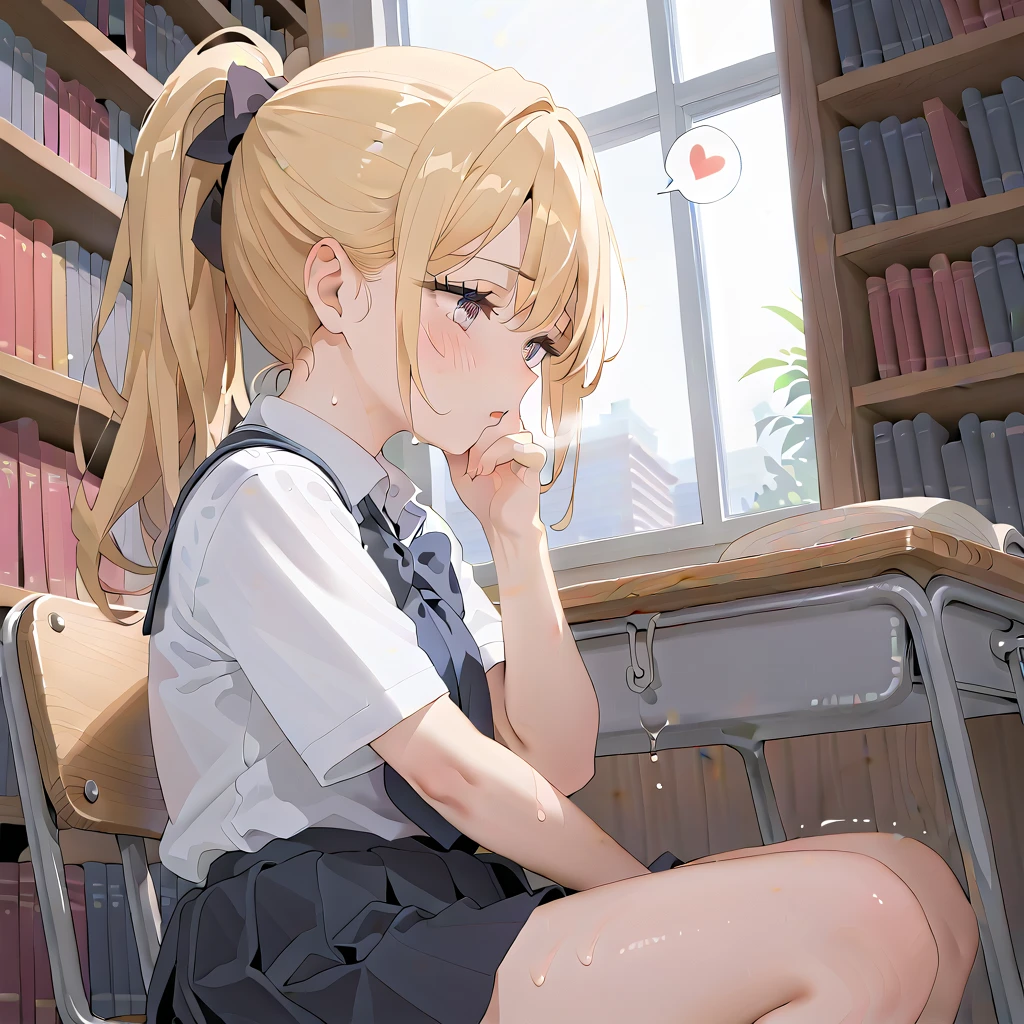 (masterpiece,beautiful,hughres,CG,8k,16k,best quality,high-resolution,detailed eyes:1.5),anime,source anime,illustration,face close up,from side,(1girl,Alone:1.5),(school,Library,School desks lined up,School Chair:1.5),( sits on a chair:1.2),(Bookshelf:0.5),Glass window,(Open book),(head down:1.1),( reading a book:1.2),profile,(blonde hair:1.5),pink eyes,(ponytail:1.4),( thighs:1.4),(school uniform,white shirt,pleated skirt,black skirt:1.3),small breasts,(sitting),(hand over own mouth, covering own mouth:0.8),(female masturbationm,MASTURBATING UNDER PANTIES:1.3),(female orgasm:1.3),pussy juice,(trembling:1.4),(gasping,heavy breathing,blush:1.5),(impatience1.1),flustered,(fidgeting around:1.4),(steam:1.2),(sweat skin,sweat:1.4),(streaming tears:1.3),(drooling:1.1),(looking away:0.5),(looking down:1.4),(spoken heart:1.3),(narrow one's eyes:1.6)