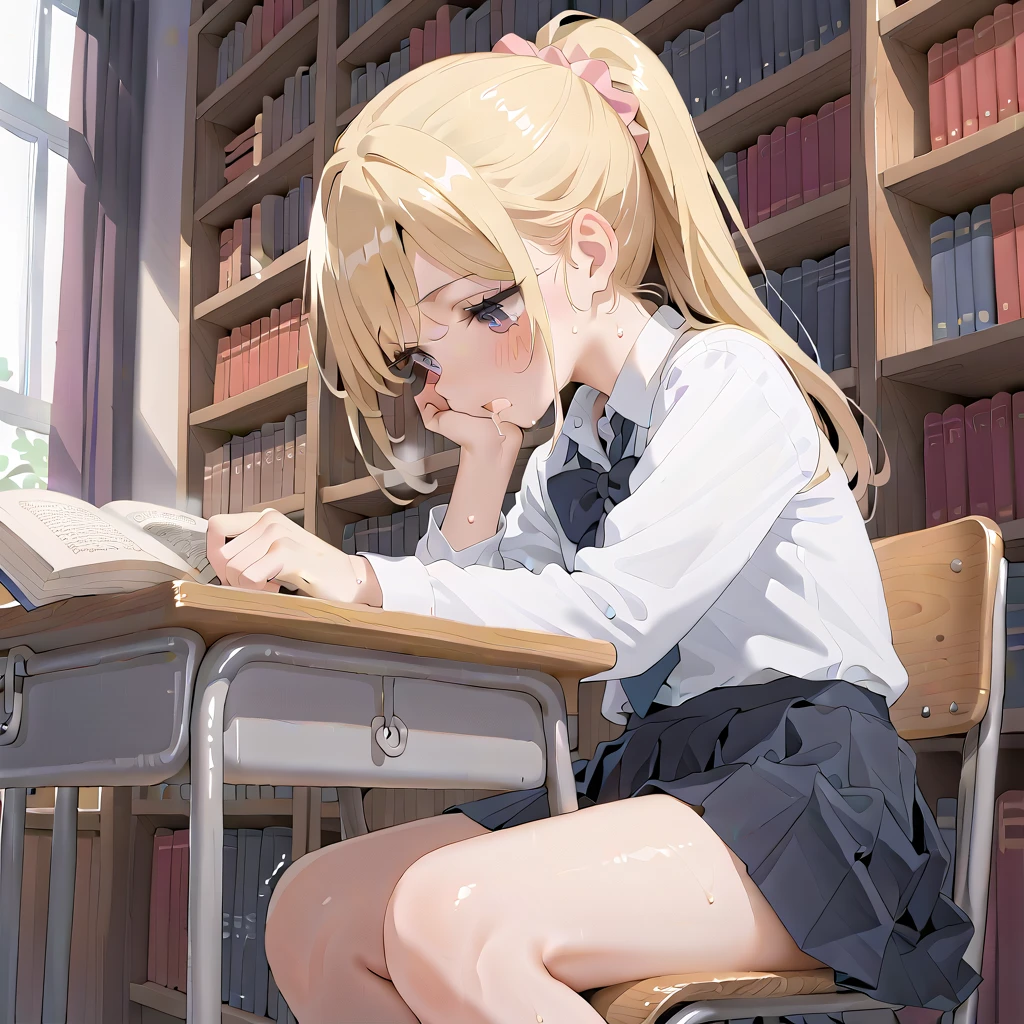 (masterpiece,beautiful,hughres,CG,8k,16k,best quality,high-resolution,detailed eyes:1.5),anime,source anime,illustration,face close up,from side,(1girl,Alone:1.5),(school,Library,School desks lined up,School Chair:1.5),( sits on a chair:1.2),(Bookshelf:0.5),Glass window,(Open book),(head down:1.1),( reading a book:1.2),profile,(blonde hair:1.5),pink eyes,(ponytail:1.4),( thighs:1.4),(school uniform,white shirt,pleated skirt,black skirt:1.3),small breasts,(sitting),(hand over own mouth, covering own mouth:0.8),(female masturbationm,MASTURBATING UNDER PANTIES:1.3),(female orgasm:1.3),pussy juice,(trembling:1.4),(gasping,heavy breathing,blush:1.5),(impatience1.1),flustered,(fidgeting around:1.4),(steam:1.2),(sweat skin,sweat:1.4),(streaming tears:1.3),(drooling:1.1),(looking away:0.5),(looking down:1.4),(spoken heart:1.3),(narrow one's eyes:1.6)