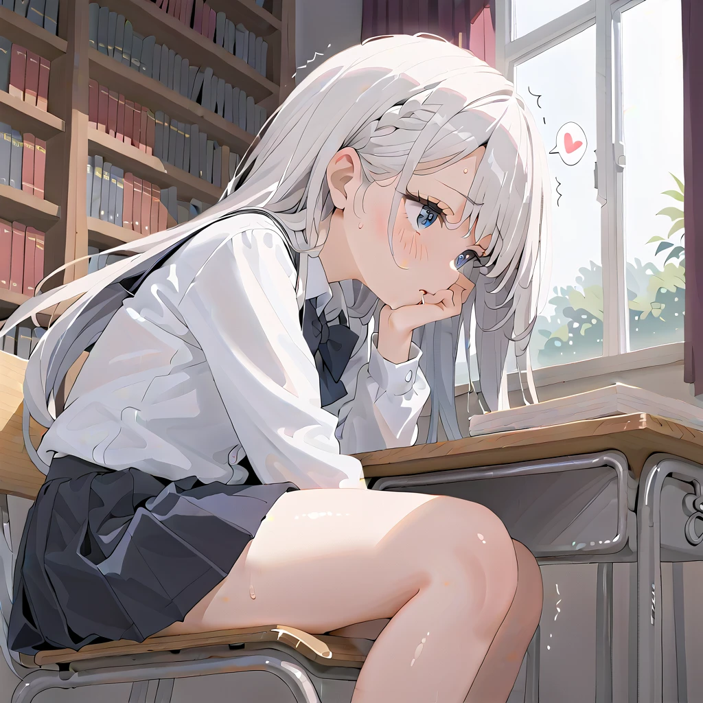 (masterpiece,beautiful,hughres,CG,8k,16k,best quality,high-resolution,detailed eyes:1.5),anime,source anime,illustration,face close up,from side,(1girl,Alone:1.5),(school,Library,School desks lined up,School Chair:1.5),( sits on a chair:1.2),(Bookshelf:0.5),Glass window,(Open book),(head down:1.1),( reading a book:1.2),profile,(white hair:1.5),blue eyes,(very long hair,straight hair,bangs:1.4),( thighs:1.4),(school uniform,white shirt,pleated skirt,black skirt:1.3),small breasts,(sitting),(hand over own mouth, covering own mouth:0.8),(female masturbationm,MASTURBATING UNDER PANTIES:1.3),(female orgasm:1.3),pussy juice,(trembling:1.4),(gasping,heavy breathing,blush:1.5),(impatience1.1),flustered,(fidgeting around:1.4),(steam:1.2),(sweat skin,sweat:1.4),(streaming tears:1.3),(drooling:1.1),(looking away:0.5),(looking down:1.4),(spoken heart:1.3),(narrow one's eyes:1.6)