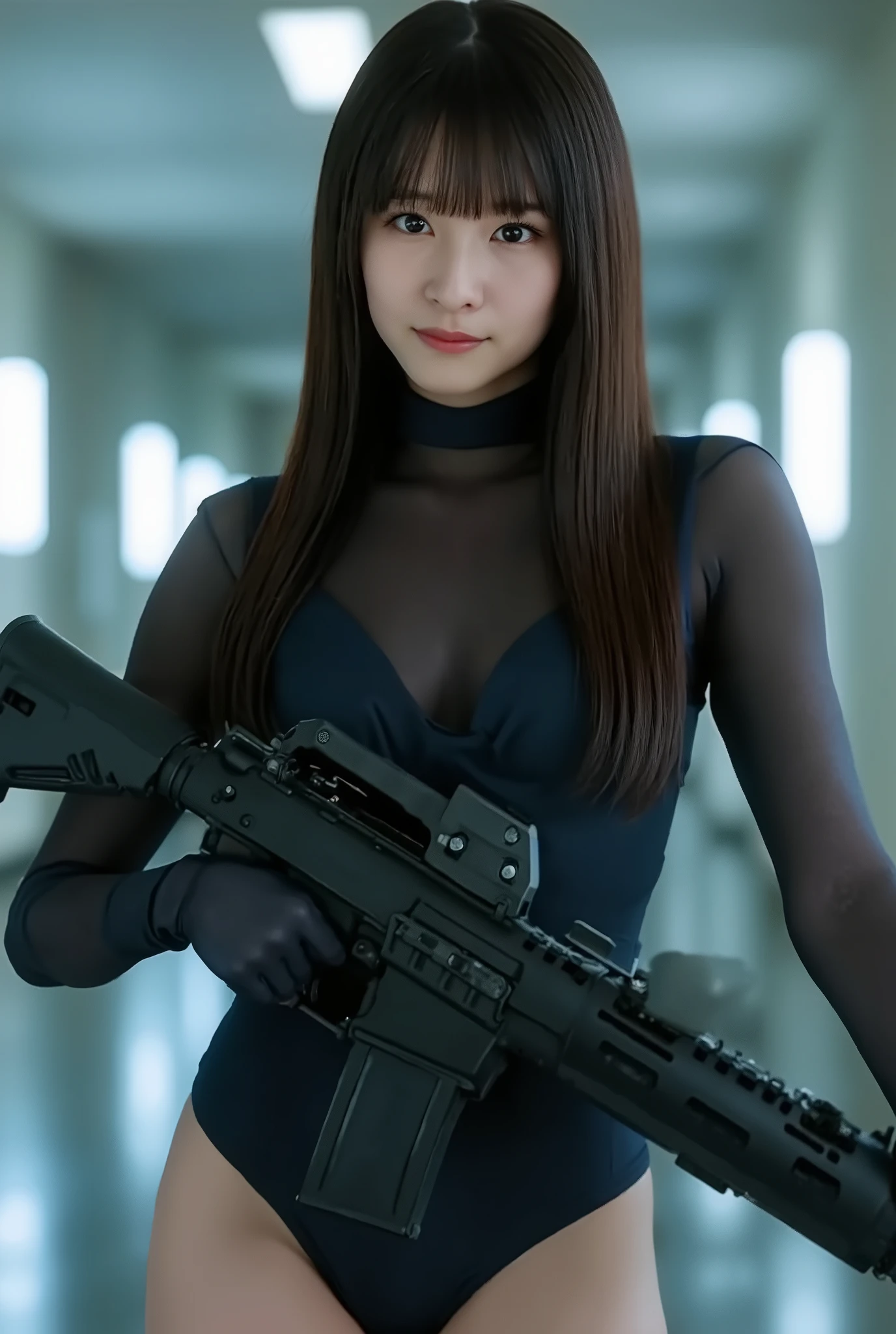 ( one woman),(((masterpiece:1.5))),( top quality:1.5),( high resolution:1.5),(UHD:1.5),( movie lights:1.5),( Delicate Depiction),(( carefully depicts limbs based on perfect anatomy)),(  carefully drawn with butterfly wings ))),8k,  cute face,Beautiful well-balanced face ,( 20 year old Japanese woman), professional photoshoot, ( Glamorous Shots of Japanese Women ),((紺色の警察部隊風の super high leg ボディスーツ:1.9)),((ultra high leg bodysuit:1.5)),(( tight bodysuit that fits the body)),(( Earphones:1.5)),(((Tactical Holster:1.5))),( gloves:1.5), full body shot , ultra detail,超 high resolution, Draw eyelashes carefully, (( perfect body line )),(( Ideal Proportions )), realistic skin texture ,( long hair with bangs :1.5),( black hair:1.5),( beautiful eyes:1.3),( very detailed face :1.5),(( very detailed drawing of a woman's hand:1.5)),(( muscularity:1.5)),((Bite pussy:1.3)), crotch penetration, super high leg ,(Sexy appearance:1.5),(( big breasts:1.5)),( Protruding Nipples),(((Bare thighs:1.8))),((Voluptuous thighs:1.5)),( beautiful body:1.5),Anime-like glamorous body ,((Very sensual:1.5)),Women with Ideal Body Lines ,(((I have a futuristic gun)),(A dark, futuristic warehouse:1.5),( cyberpunk vibe :1.5),((( Blurry Backgrounds :1.5)))