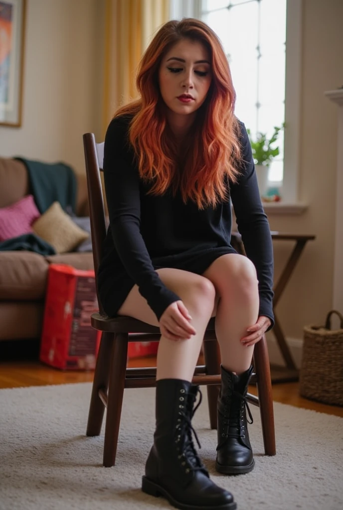 This is an image of Chrissy costanza getting ready to go outside, she is sitting on a wooden chair and currently trying put on her nylon pantyhose where she raised them right above her knees.