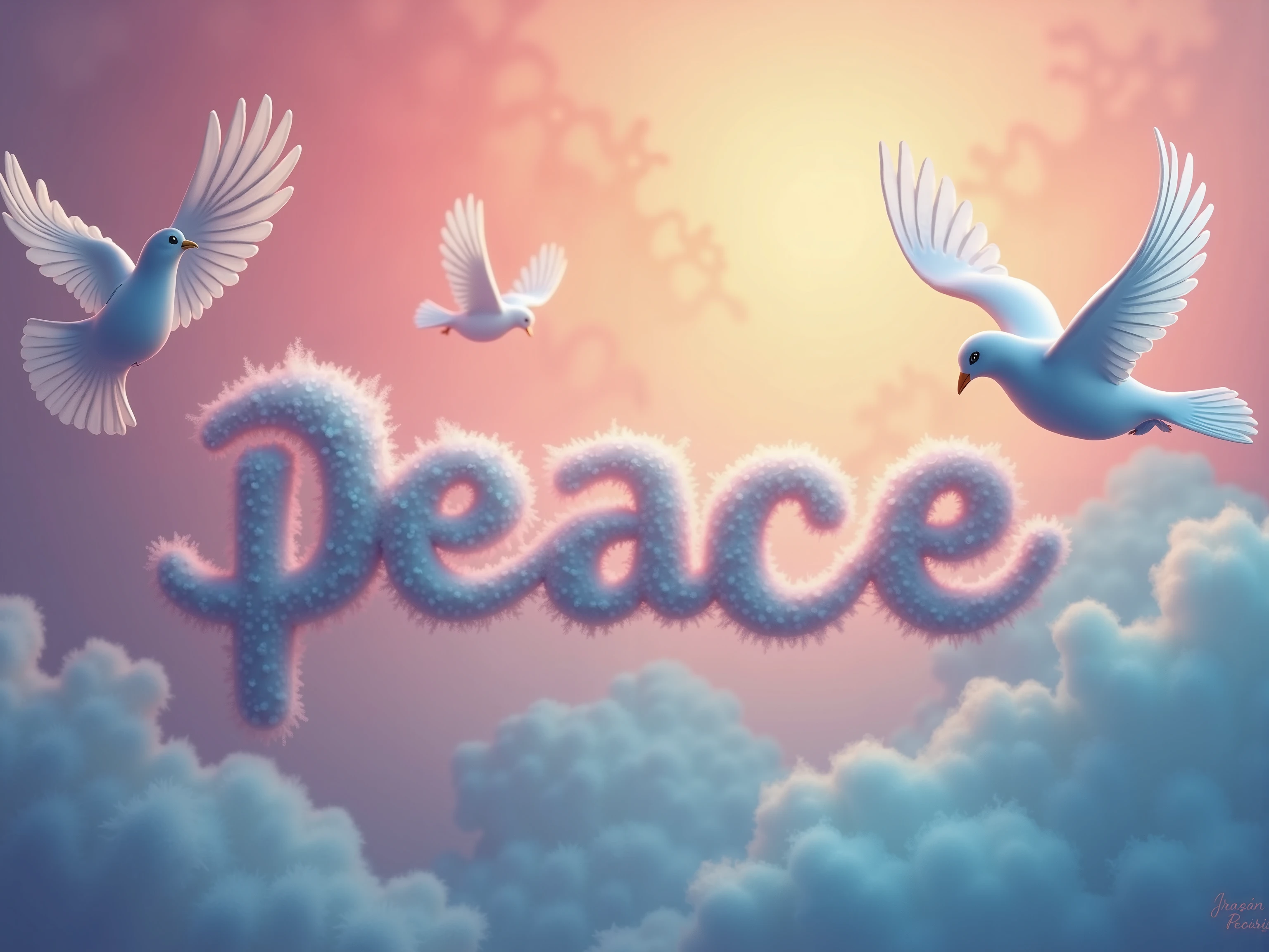 text:"Peace" made of formation of doves, perfect anatomy, cute, happy, color grading, triadic colors, masterpiece