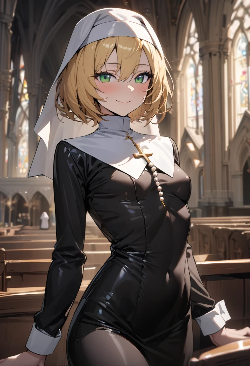 (masterpiece, best quality:1.1), 1girl, cowboy shot, (bright gold hair:1.2), (bob hair:1.3), green eyes, small breasts, babyface, (nun, black clothes, rosary:1.2), (perfect detail, ultra detail:1.1), smile, shiny oiled skin, arms at sides, church,